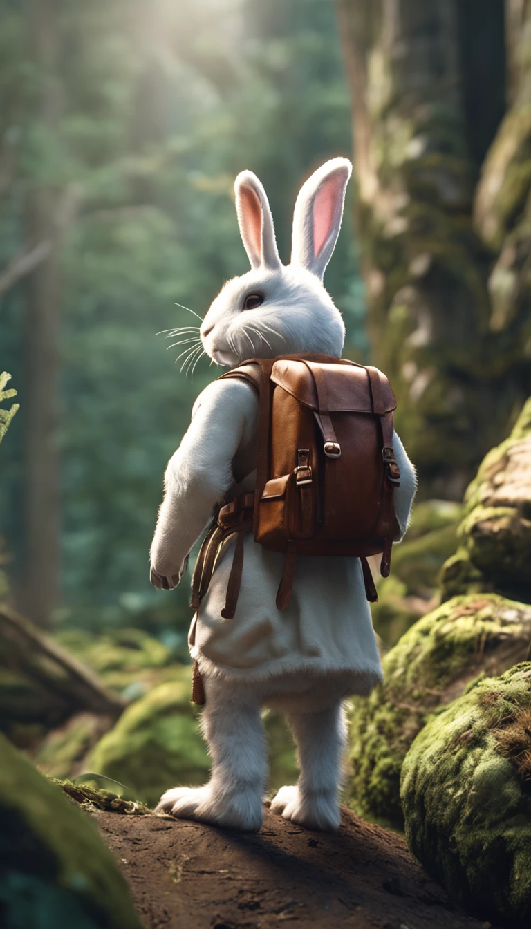 Classic negative portrait photo, fantasy video game character concept art, a cute white fluffy rabbit with a small brown leather backpack looking at a map hiking through the forest, dungeons and dragons, fantasy, river, haze, halo, Bloom, dramatic atmosphere, dark fantasy film of the 1970s, centered, rule of thirds