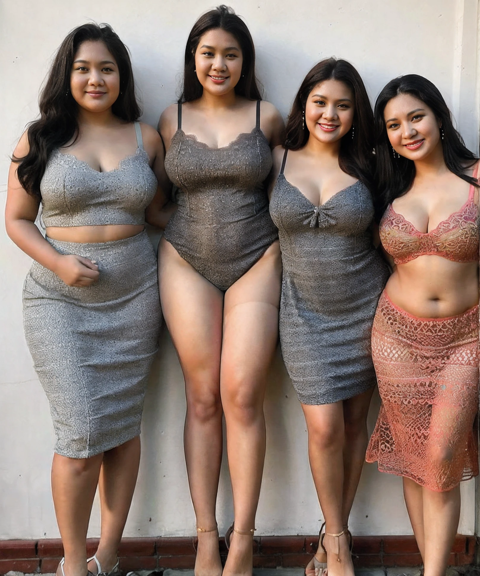 three Indonesian beauty women in dresses posing for a picture in front of a wall, middle body shot, full body photoshoot, thicc, mid body shot, curvy, posing together in bra, skinny waist and thick hips, plus size, attractive feminine curves, diverse outfits, attractive curves, curvy hourglass figure, full body photogenic shot, full body portrait of a group, curves!!