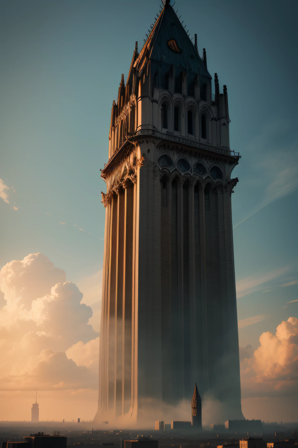 "(Extremely detailed architecture, masterpiece, best quality, impeccable attention to detail),(realistic khaki brick texture, skyscraper),(gloomy sky, dramatic sky, dark clouds, dark and gloomy atmosphere),full view, very tall, picture from far distance"