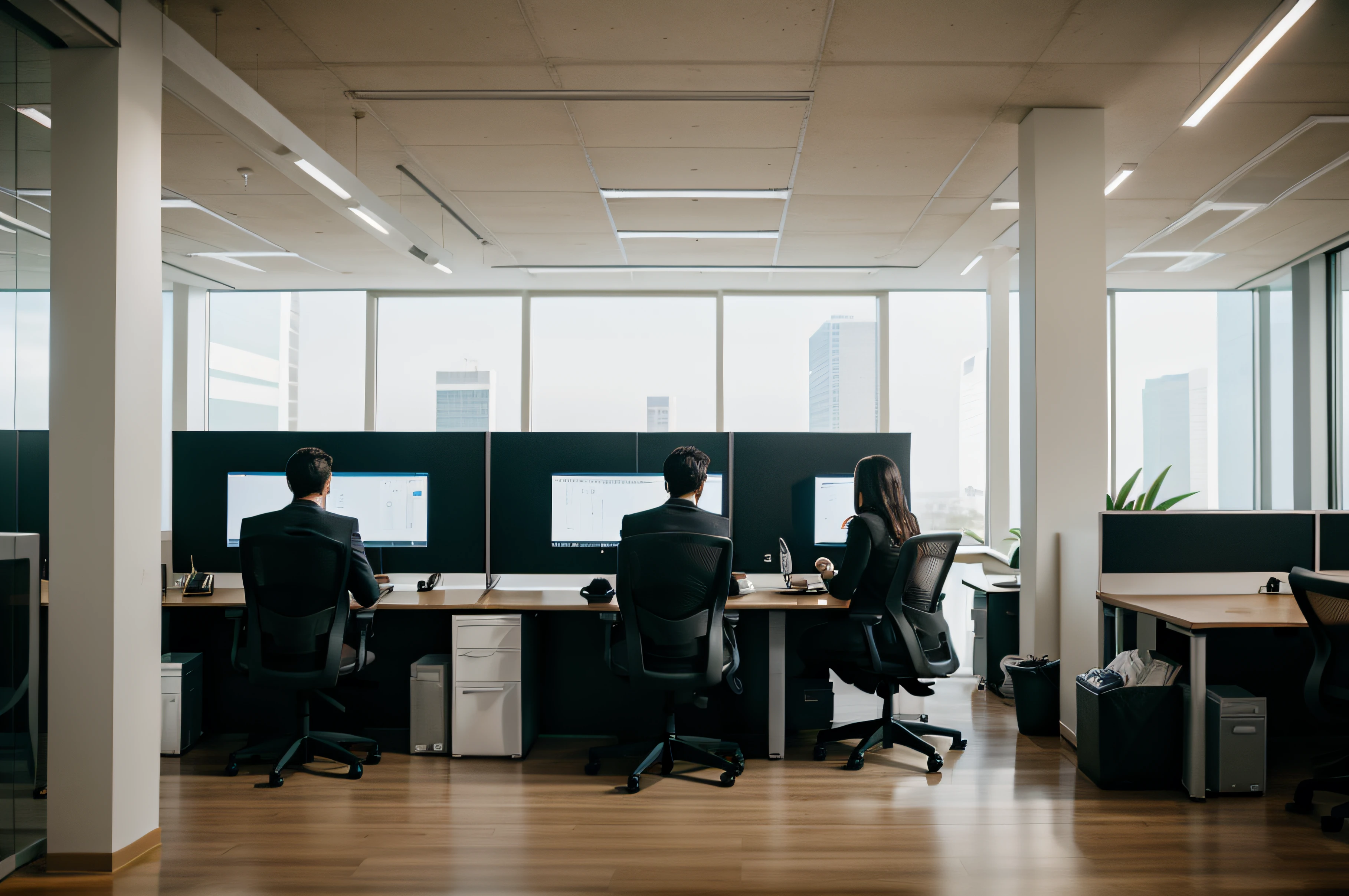 Busy individuals collaborating in a modern office setup, cinematic perspective