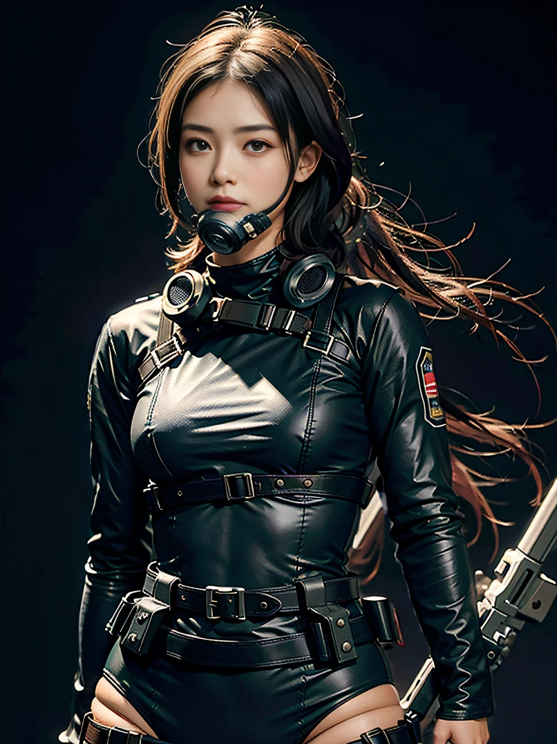 Highest image quality, outstanding details, ultra-high resolution, (realism: 1.4), ((close up:0.75)), highly condensed 1 lady, with beautiful and a delicate face, perfect proportion, aiming the viewer, ((aiming the viewer)), (chubby:0.3, small breasts), (cloths color base ratio black:0.4 red:0.3 other-color:0.3), (wearing rash-guard likes police uniform, wearing futuristic-full-face-mask, military harness, holding hich-tech-flamethrower-tank on back), background simple grey wall,