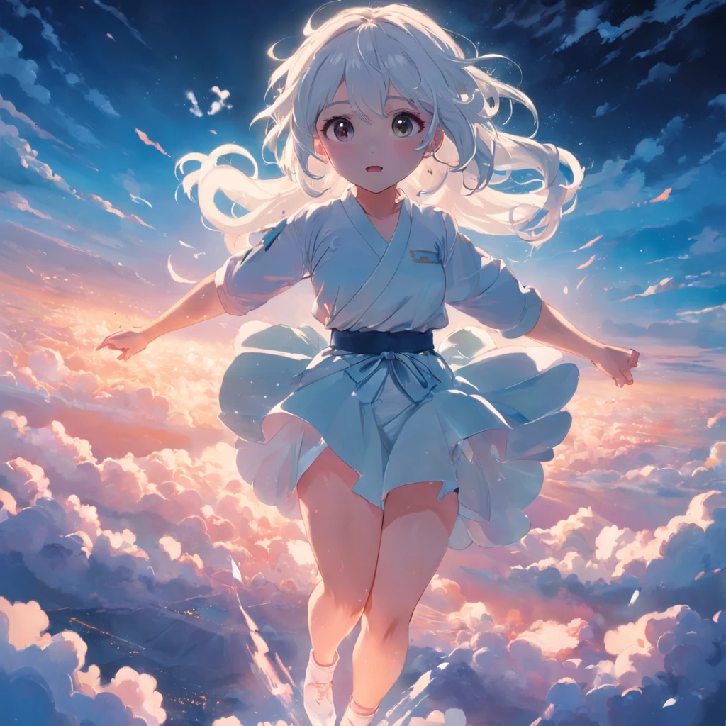 tmasterpiece,best qualtiy,cinematic Film still from,1girl,Cloud Girl,jade foot,white color hair,Floating in the sky,closeup cleavage,brightly,cheerfulness,Warm and soft lighting,the sunset,(spark of light:0.7)
