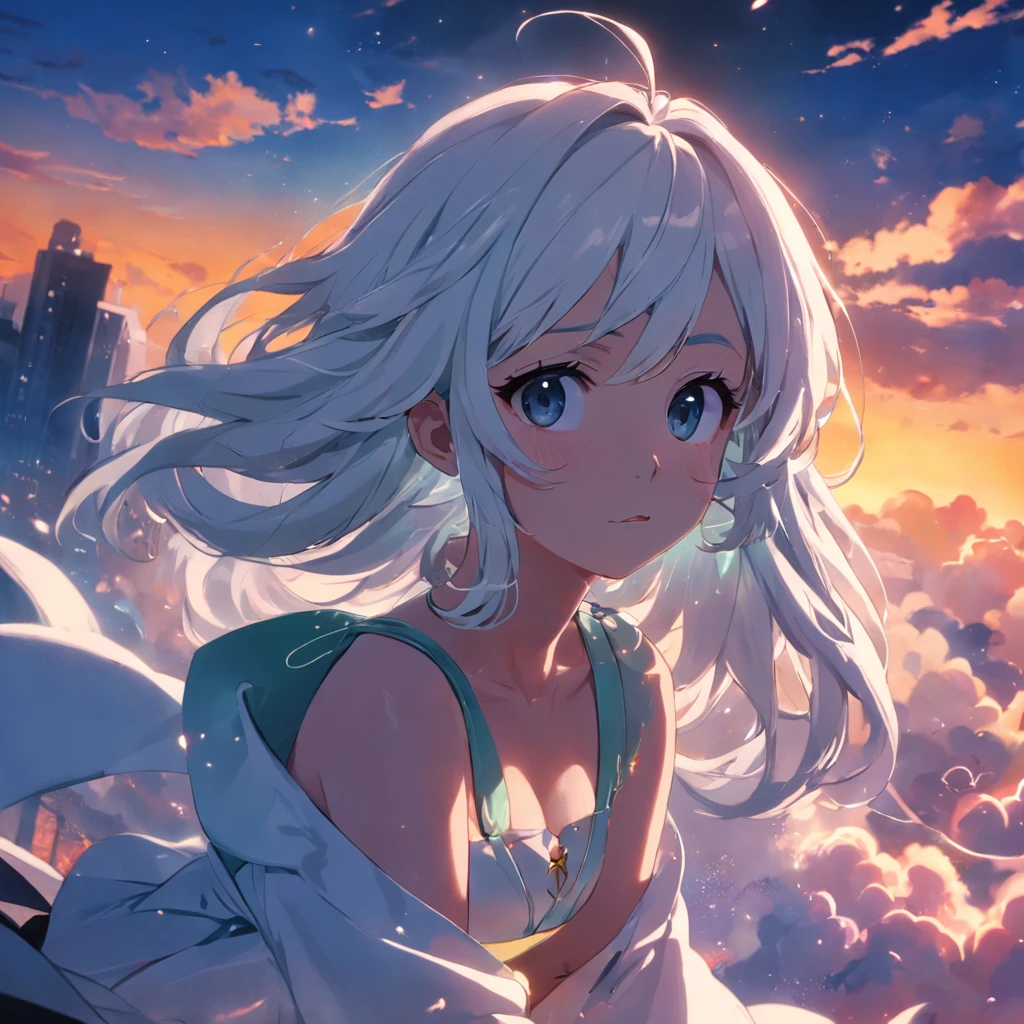 tmasterpiece,best qualtiy,cinematic Film still from,1girl,Cloud Girl,jade foot,white color hair,Floating in the sky,closeup cleavage,brightly,cheerfulness,Warm and soft lighting,the sunset,(spark of light:0.7)
