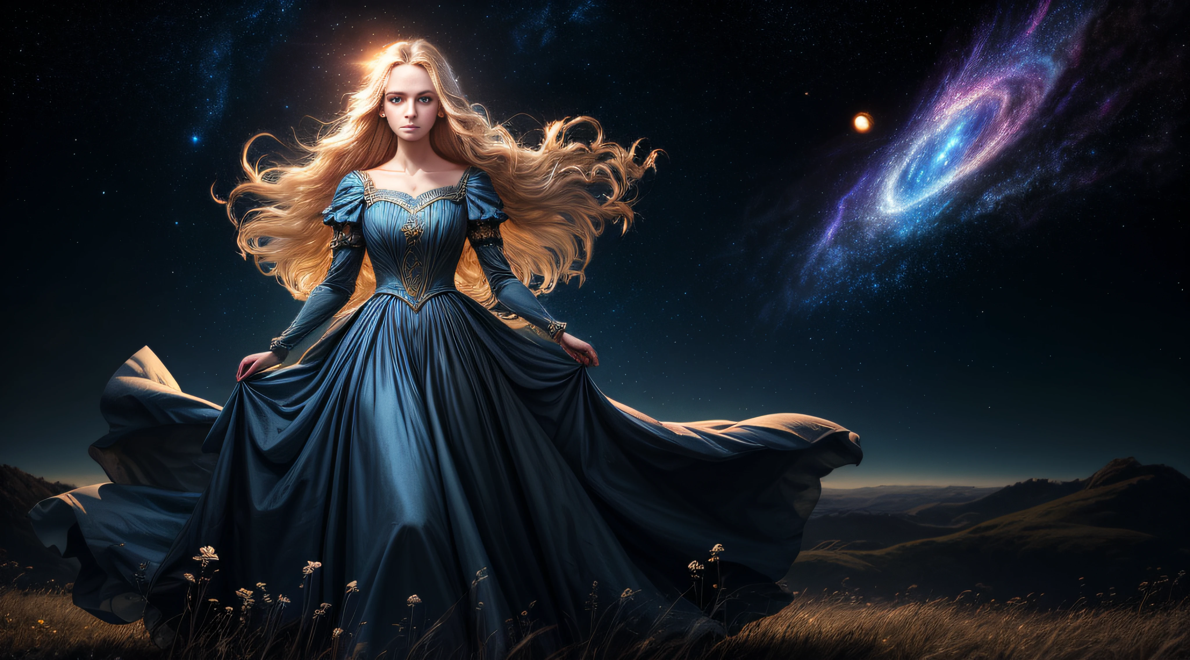 (best quality, masterpiece), young woman, pose, particle, wind, flower, upper body, night eclipse background, looking at viewer, long straight windblown blonde hair, detailded blue eyes, medieval princess blue dress, galaxy, backlit, rimlight, beautiful artwork, perfect composition
