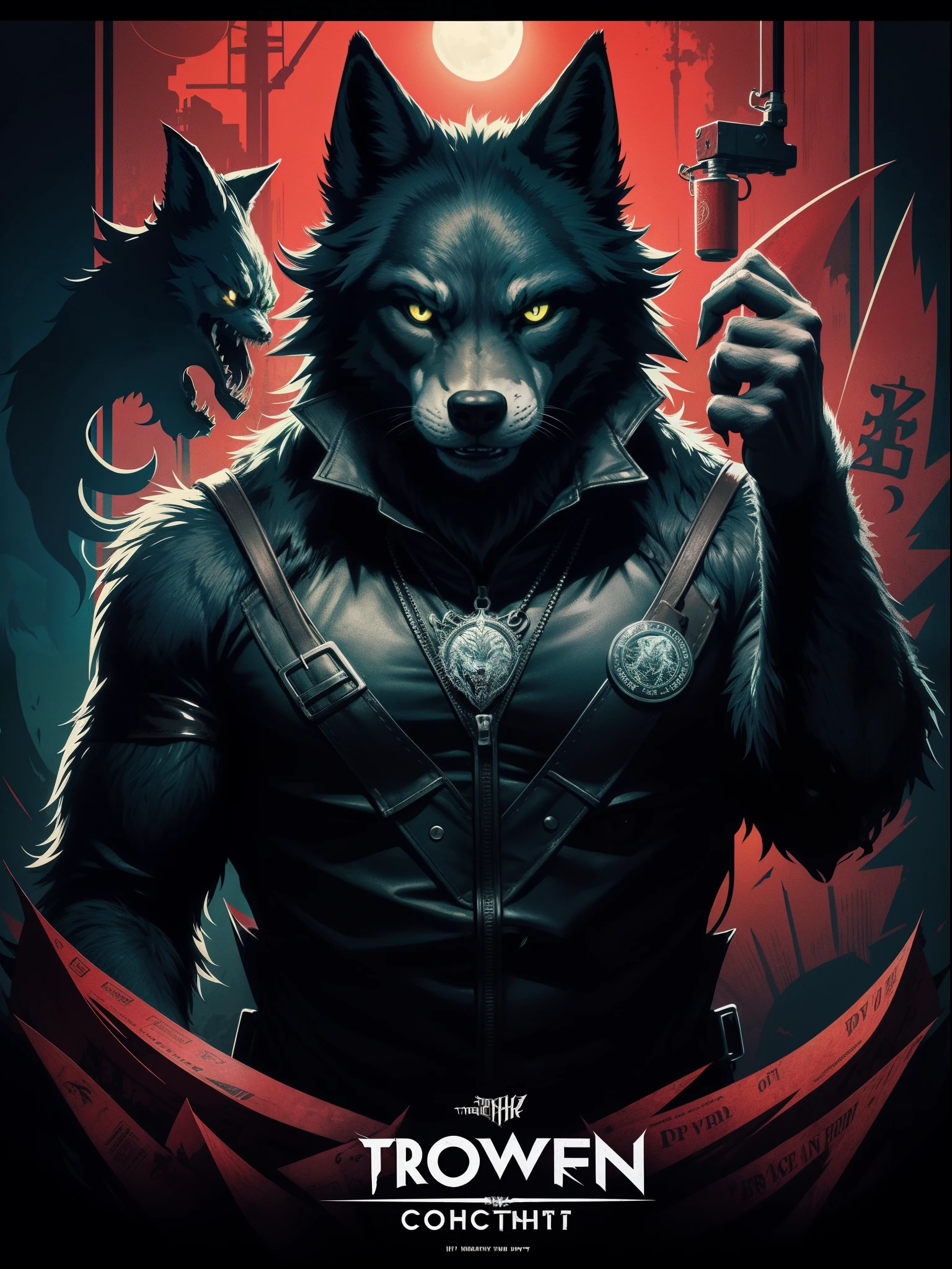 Werewolf croaking highly detailed promotional poster,Watch anime,pop-art,typographic,Vintage paper,trichotomy,trends in art station,UHD(neonlight)