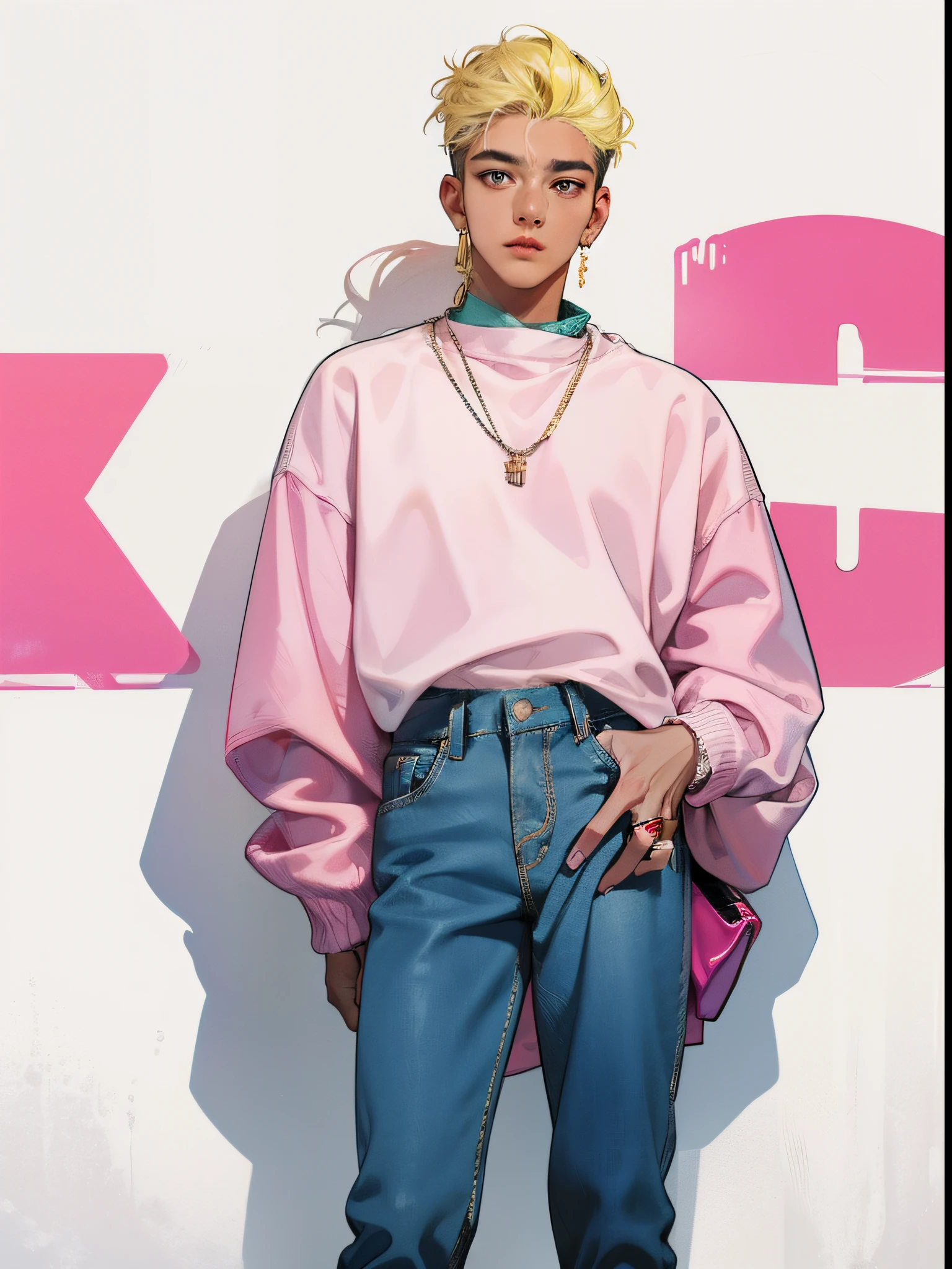 Asian male model in a cute pink outfit, embodying the essence of 90s fashion with a touch of femininity, his slender figure adorned in a pastel pink oversized sweater, its soft fabric draping gently over his frame, paired with high-waisted light-washed jeans that accentuate his slim waist and elongate his legs, white sneakers adding a casual and playful element to the ensemble, his hair styled in a slightly tousled manner with a hint of volume, framing his youthful face, smooth and clear complexion radiating a natural glow, his almond-shaped eyes sparkling with warmth and friendliness, standing against a backdrop of colorful graffiti, a vibrant expression of artistic freedom, the atmosphere filled with a sense of joy and individuality, capturing the essence of 90s fashion