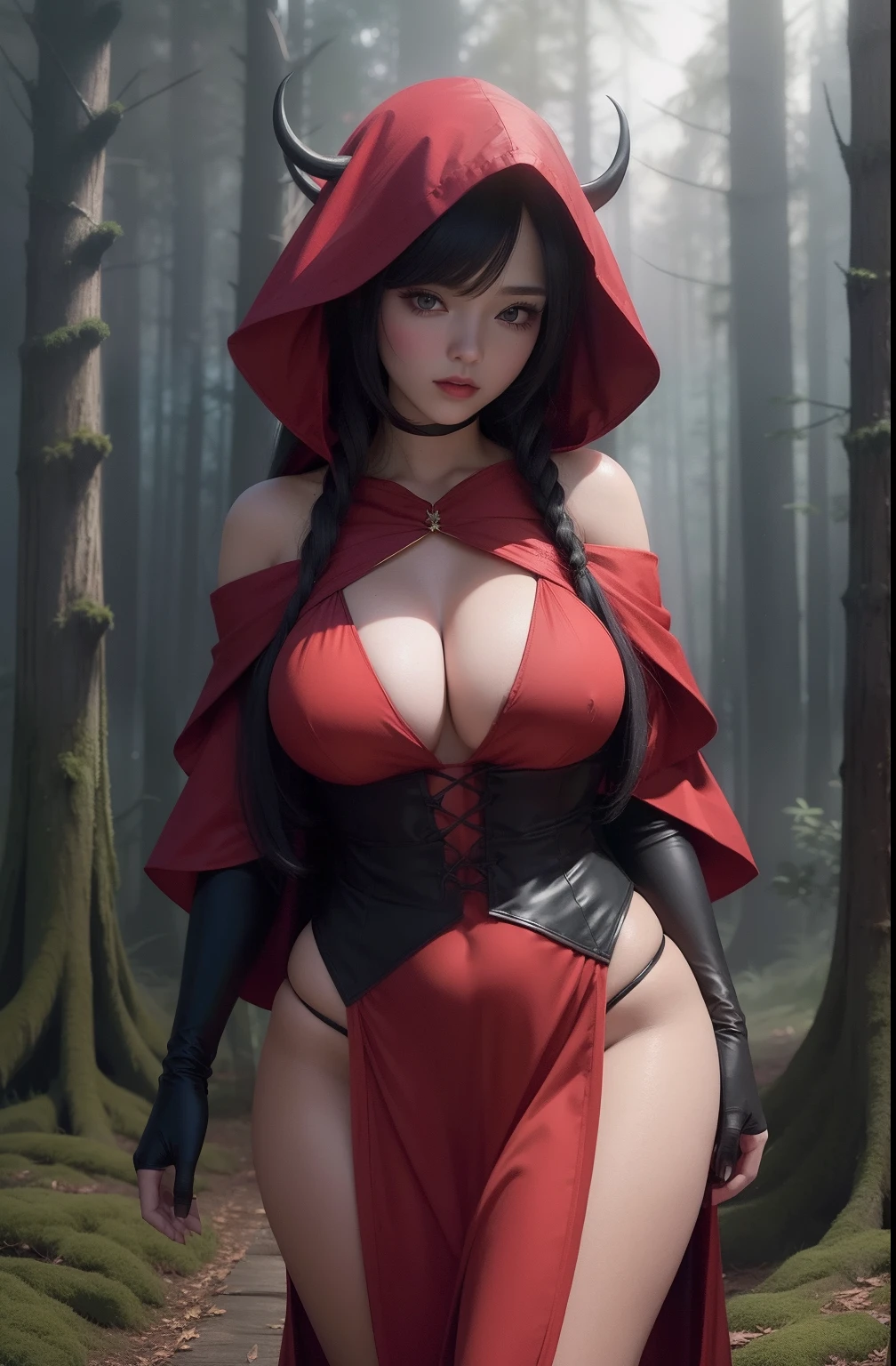 (masterpiece, best quality), sexy woman in a crimson red robe posing in a dark forest with luminous trees, (wearing crimson red robe with hood), dark robe, thicc, 8k high quality detailed art, extremely detailed artgerm, artwork in the style of guweiz, black - haired mage, seductive anime girl, mighty plump female sorceress, ((background: dark forest with luminous trees)), ((her body is wrapped randomly with black linen bondages))