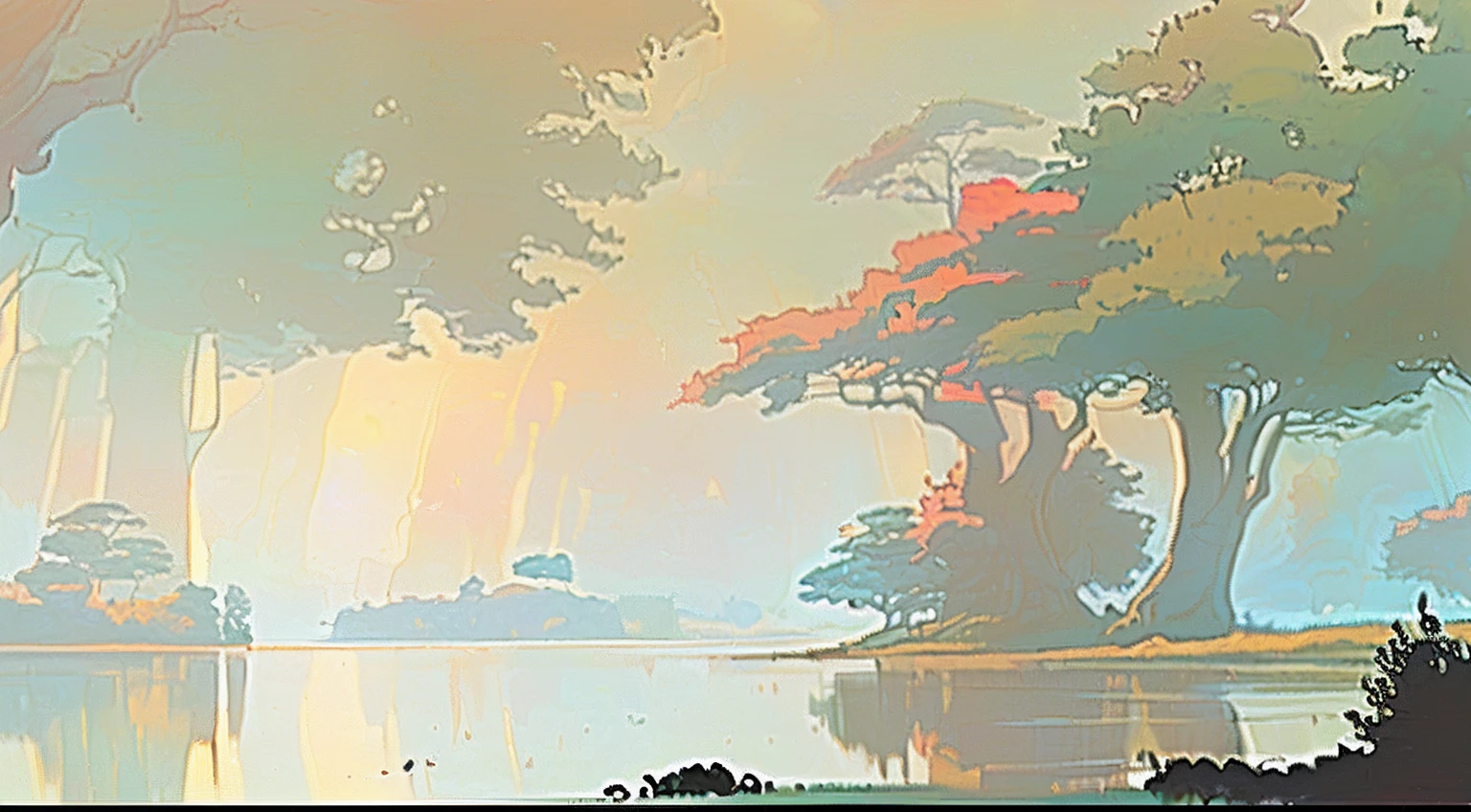 k hd，delicated，There is a painting of a lake with trees and water, Inspired by Russell Chatham, digital landscape art, inspired by sparth, inspired by Paul Lehr, paul lehr and beeple, sparth style, author：Spas, painterly concept art, very coherent stylized artwork, cyber space forest scene, environment design illustration