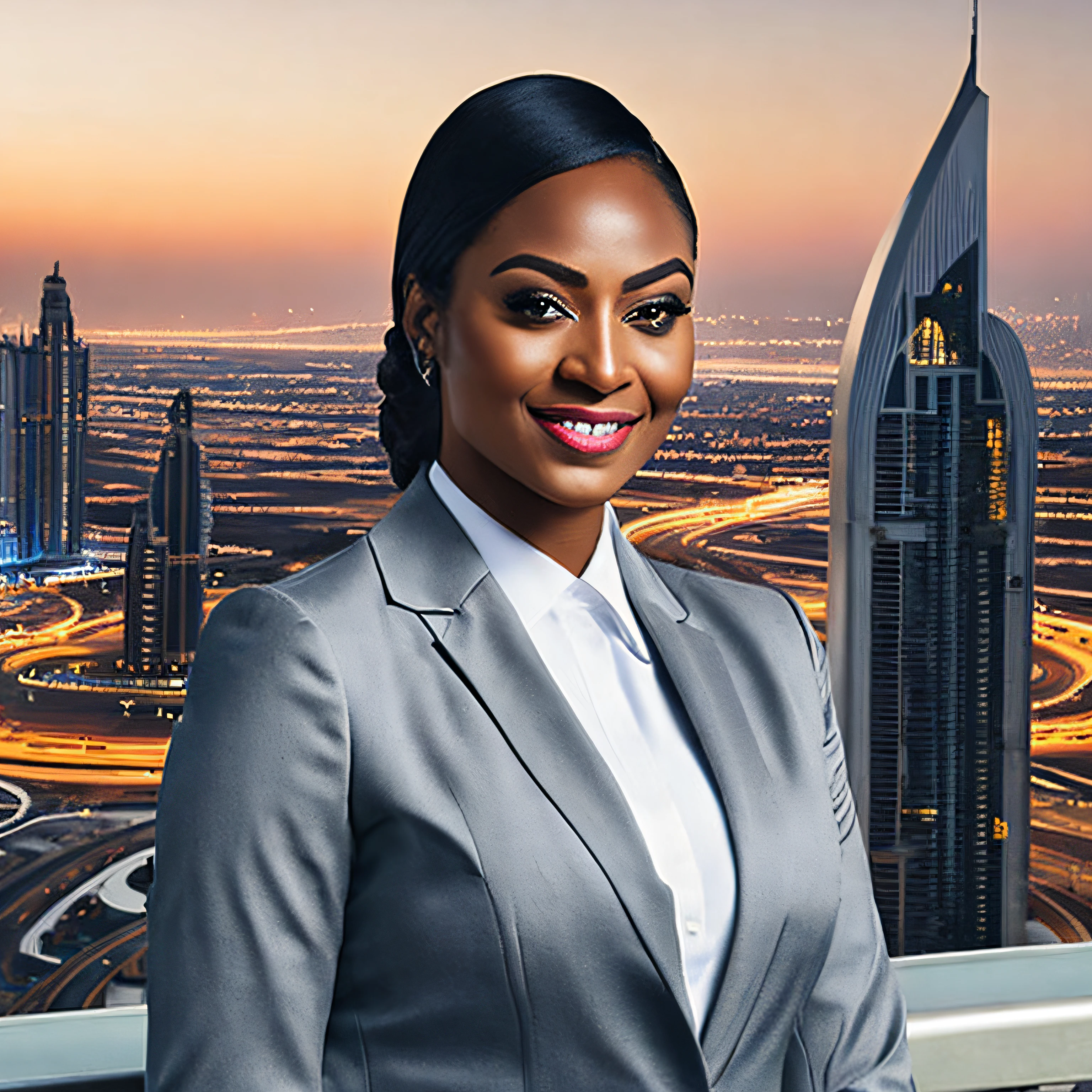 a young beautiful african businesswoman, wearing suit, dubai in the background,