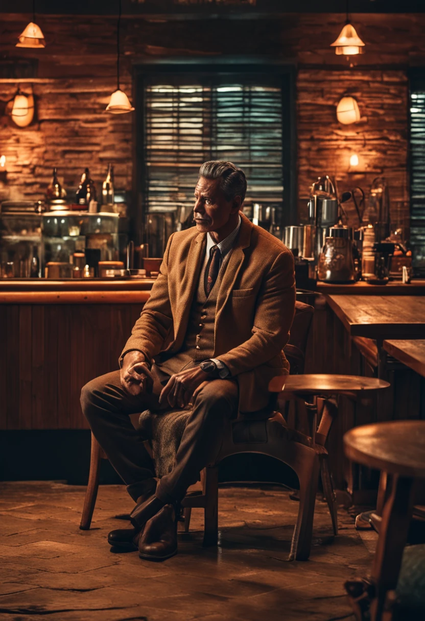 Create an evocative image of a wise-looking man with a straight face, gazing intently ahead. Ensure his skin color appears natural and lifelike. Set the scene in a cozy coffee shop, enveloped in a sinister, dark mood atmosphere. Highlight the contrast between the warm interior lighting and the mysterious shadows. Craft an image that captures the enigmatic ambiance of a coffee shop, where stories and secrets linger, and where the wise observer contemplates the world with depth and insight