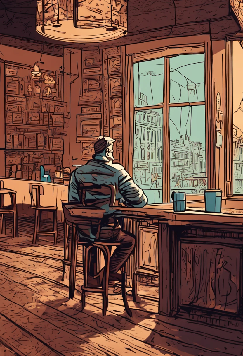 Create an evocative image of a wise-looking man with a straight face, gazing intently ahead. Ensure his skin color appears natural and lifelike. Set the scene in a cozy coffee shop, enveloped in a sinister, dark mood atmosphere. Highlight the contrast between the warm interior lighting and the mysterious shadows. Craft an image that captures the enigmatic ambiance of a coffee shop, where stories and secrets linger, and where the wise observer contemplates the world with depth and insight