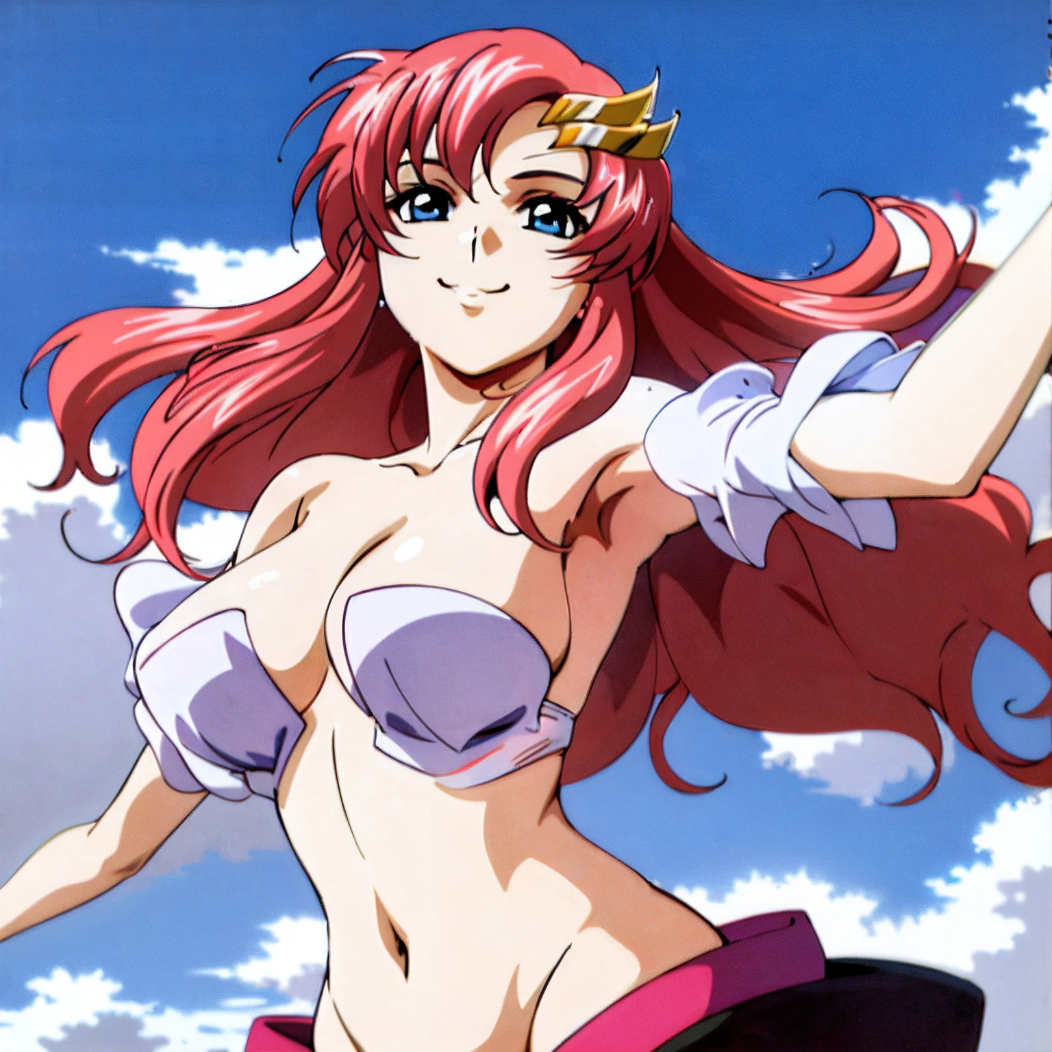 (masuterpiece, 4K, Best Quality, Anime style: 1.9, bold drawing lines, High color saturation, Detailed face, tall, Adult Woman, lovely, (cloud background), Drawing lines, high resolution, Anime, lacus4), 1girl in, Solo, curvy figure, Long hair, 鎖骨, scapular, Wavy Hair, Detailed wide hair bangs, Hair Ornament, Detailed reddish-pink hair, cleavage, large hands, Big blue eyes, Off-shoulder, Smile, closed mouth, very slim belly, Dancing, Very happy, closed fists, sweaty, armpits, (topless)
