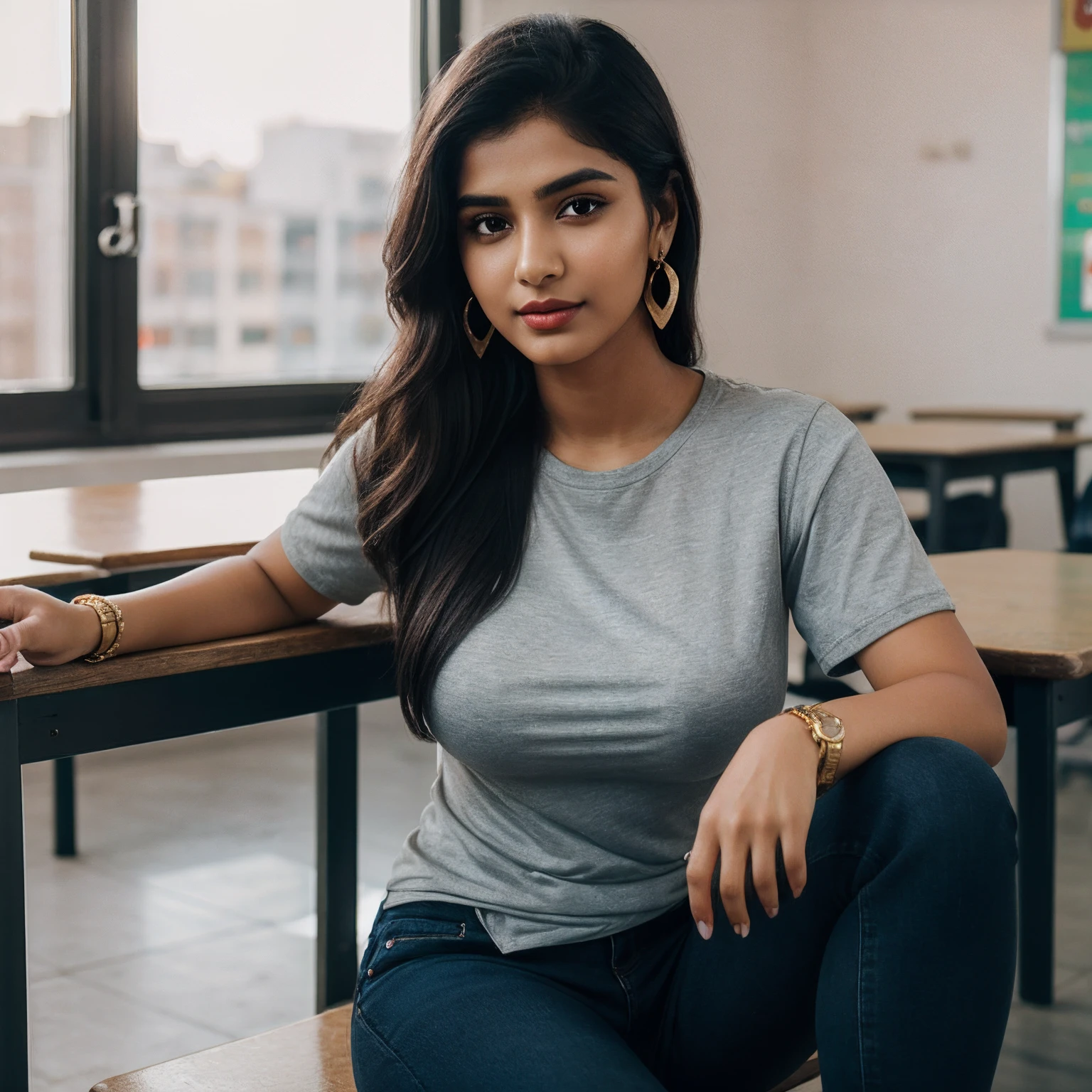 Top Quality, Photorealistic, 8K, High Definition, 1 indian Girl, 23 year old Woman, long black straighy hairstyle, wearing black round neck baggy Tee-shirt, regular fit, regular length, no printing on Teeshirt, skinny damage ankle fit black jeans, heels, (Skindentation), (Big Breasts, bouncy breasts), (Professional Lighting, Bokeh), (classroom), (People, Crowd: 0.6), university, (day: 1.2), (Gray: 2.0), (Blouse: 1.5), (Portate: 0.6), Gorgeous, Bloom, (Floating Hair), (Light particles, Lens Flare, Luminous Particles: 0.6), ( Dynamic Pose: 1.2), soft lighting, Sitting on the bench last row style, model posing, Indian beautiful girl, wearing golden watch, bracelet, small earrings, red lipstick
