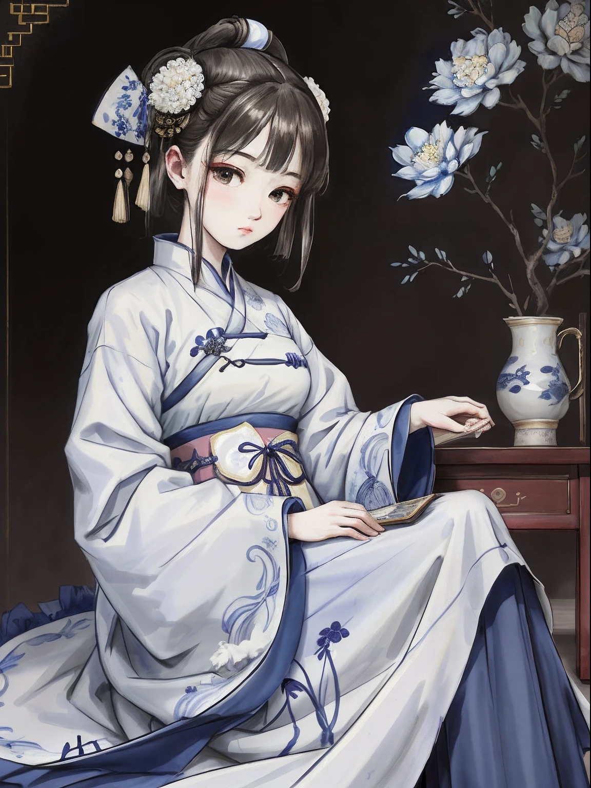 1girll,独奏,Hanfu,Blue and white porcelain clothing,(Modern museum),Gaze at ancient Chinese artifacts,ancient china art style,offcial art,Chinese aesthetics,With amazing imagination,ultra-realistic realism,wide angles,full framing,Best quality,Highest high resolution,8k wallpaper,