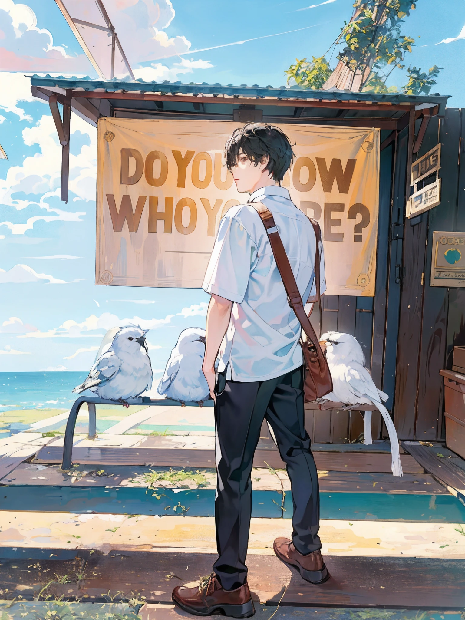 masterpiece, best quality, 1boy, male focus, handsome, residential area, fence, spindle trees, afternoon sun, the way home from school, school uniform, backpack, flock of birds, from directly side, depth of field , looking to the camera