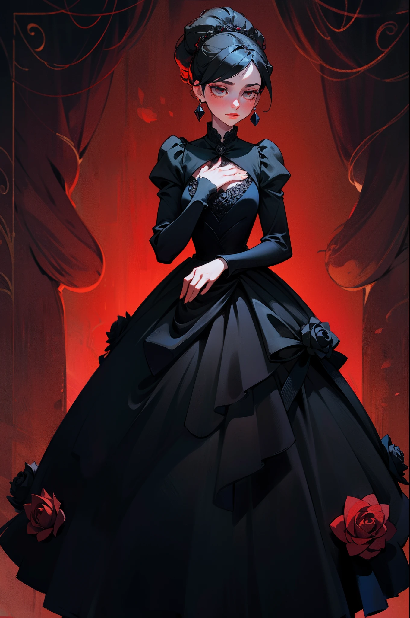 A woman in a black touch-chest dress,The fabric is black velvet,At the chest and at the end of the skirt are black blooming red roses,artistic conception,best qualtiy,fanciful,