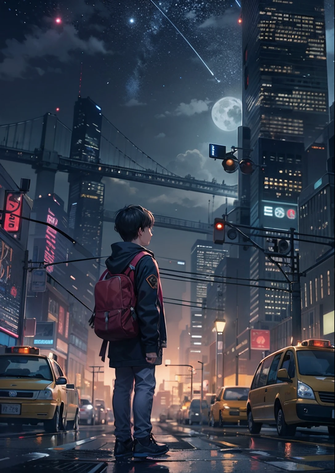 1boy, arms folded、vests、full body shot of、The beginning of the adventure、Very dark sky、Lots of clouds,dense fog、large moon,future、dystopian、A group of very tall skyscrapers stands in the center、High brightness radio tower、Crowded skyscrapers、Signs、the street lights、taxis、the bus、Train、Fairly dim lighting、The Dark Road、Puddles、high high quality、masutepiece,8K,