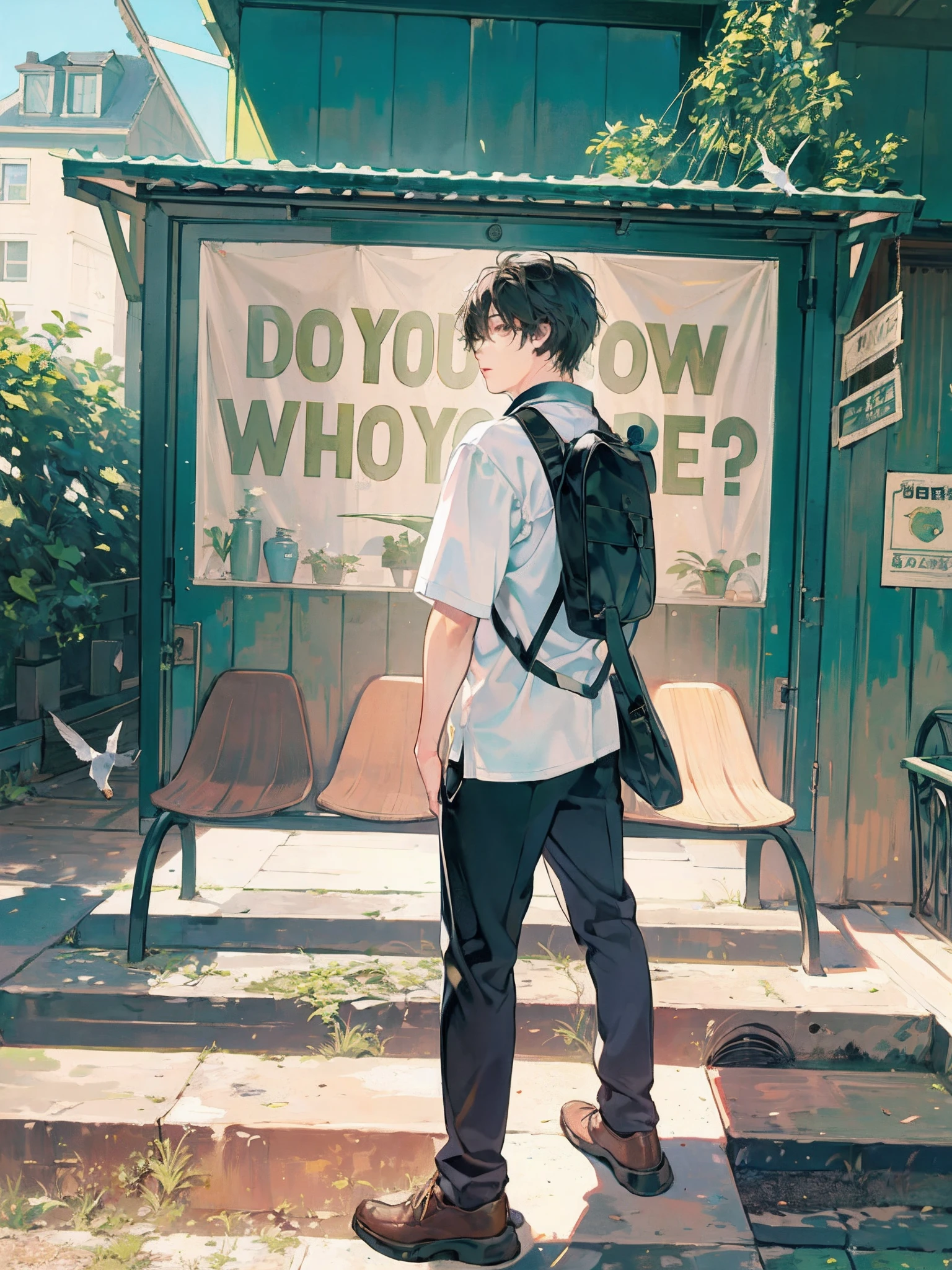 masterpiece, best quality, 1boy, male focus, handsome, residential area, fence, spindle trees, afternoon sun, the way home from school, school uniform, backpack, flock of birds, from directly side, depth of field , looking to the camera