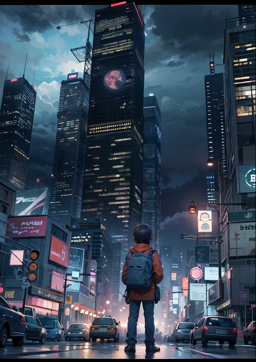 1boy, arms folded、vests、full body shot of、The beginning of the adventure、Very dark sky、Lots of clouds,dense fog、large moon,future、dystopian、A group of very tall skyscrapers stands in the center、High brightness radio tower、Crowded skyscrapers、Signs、the street lights、taxis、the bus、Train、Fairly dim lighting、The Dark Road、Puddles、high high quality、masutepiece,8K,