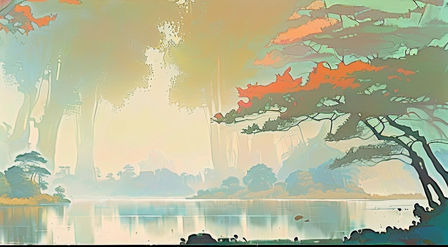 k hd,delicated,There is a painting of a lake with trees and water, Inspired by Russell Chatham, digital landscape art, inspired by sparth, inspired by Paul Lehr, paul lehr and beeple, sparth style, author:Spas, painterly concept art, very coherent stylized artwork, cyber space forest scene, environment design illustration