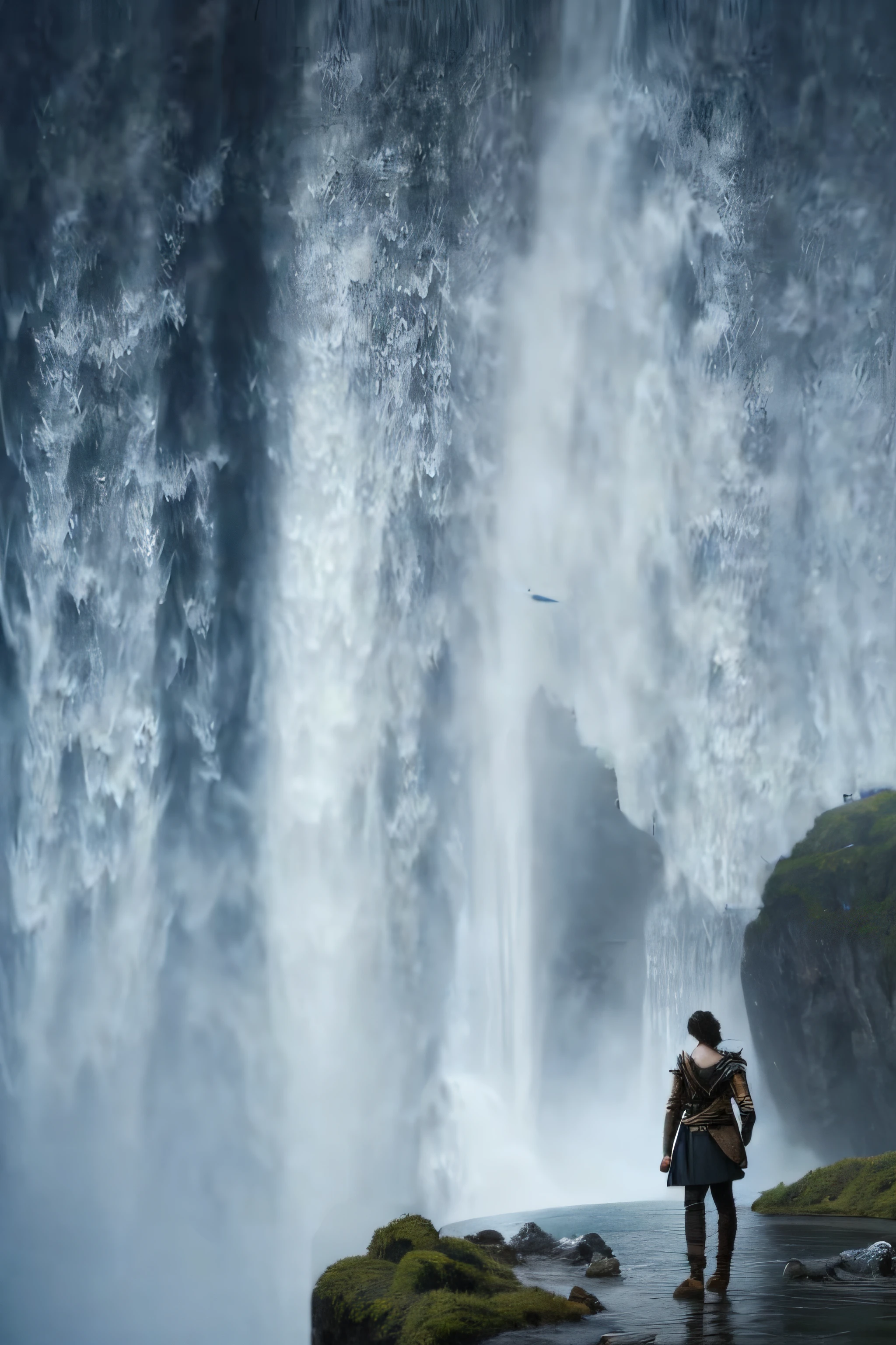 Shake the Falls Fantasy movie stills, stunning vfx, epic cinematic shot, stunning cinematography, Visually stunning scene, fantasy movie still, Cinematic epic shots, dramatic cinematic shot, 4k movie still, 4 k movie still, epic cinematic matte painting, denis villeneuve cinematography, cinematic widescreen shot, Solitude under the waterfall