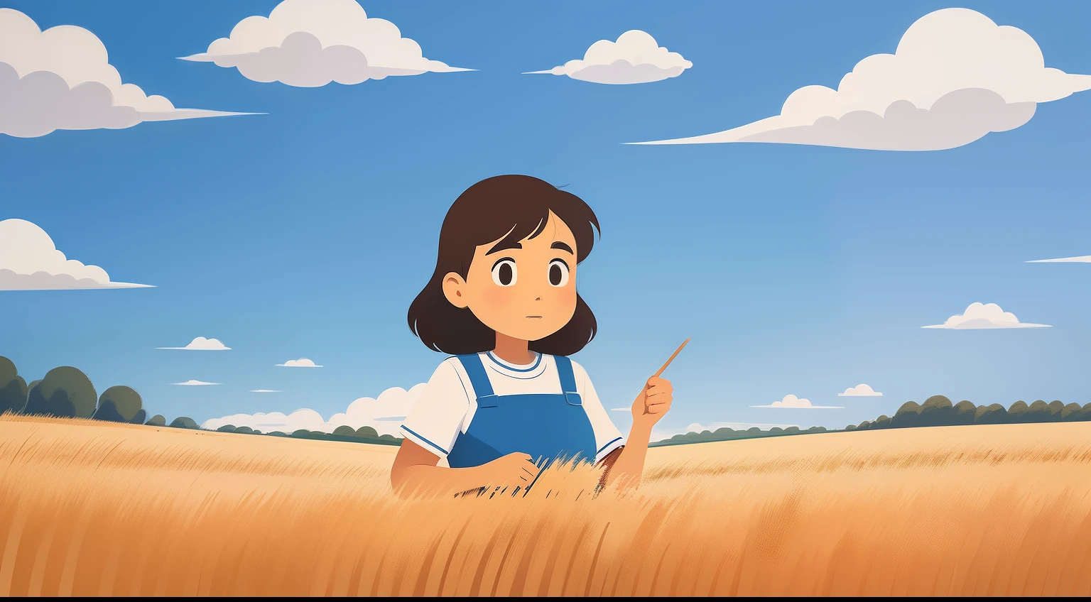 The background is blue sky and white clouds,Woman cutting wheat in a wheat field,Close-up of people,handpainted,cartoonish and simplistic,hand-drawn animation,full page illustration,児童書