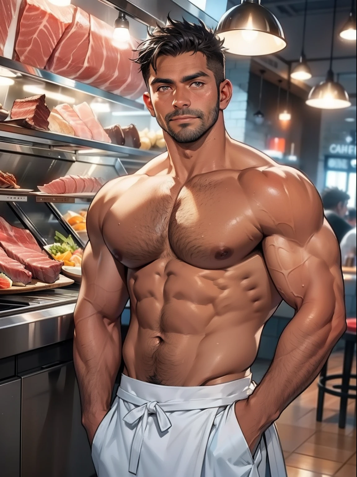 beautiful mature daddy in a revealing chef clothes standing in front of a display of delicious meat, steak and sashimi, tanned-skin, darker skin, stubble, revealing chet outfit, sexy and luring, in a coffee shop, muscular, fully naked, Handsome face, eyes with brightness,The man looks confident and determined, full-body shot, muscular