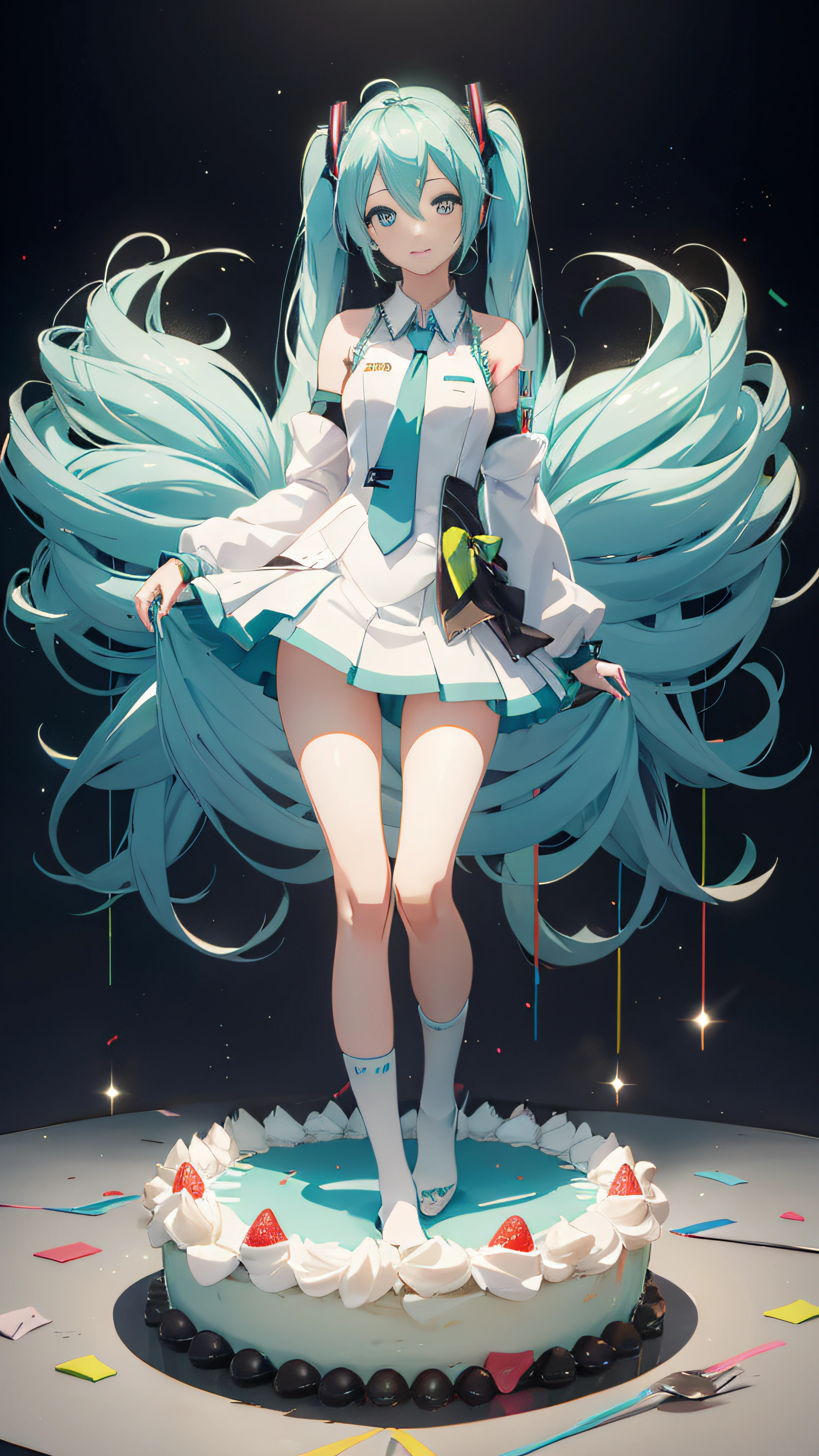 Hatsune Miku sits on a huge creamy birthday cake，The birthday cake is lit with colorful birthday candles，happy birthay，ssmile，exquisite facial features，Elaborate Eyes，Gentle and shy face，Peerless beautiful girl，Advancedsense，Hold the strawberry between the buttocks