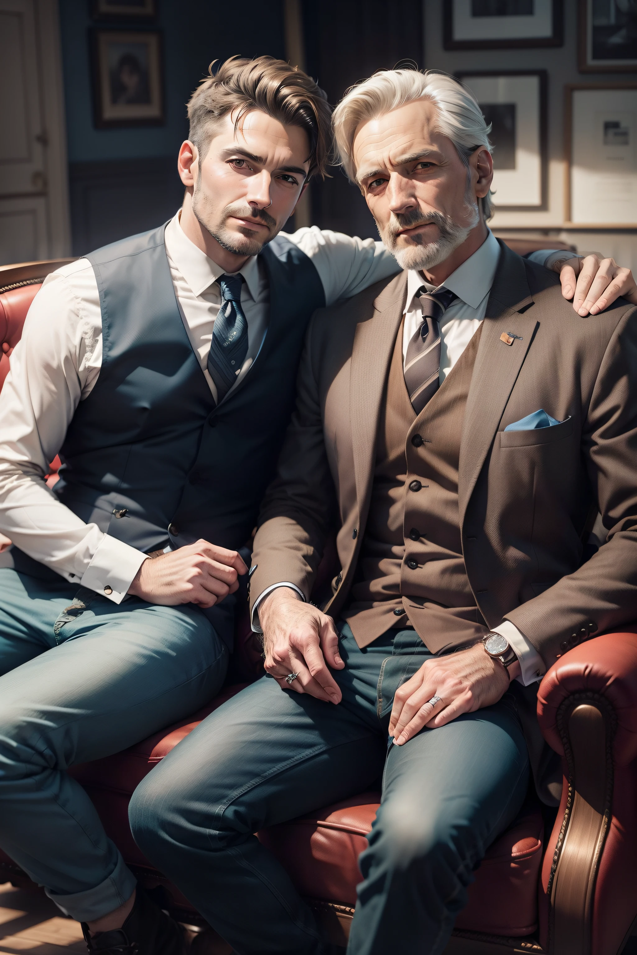 Group photo of  two men. One in his fifties, sitting in an armchair and the other man of twenty-five, is standing. Studio photo.