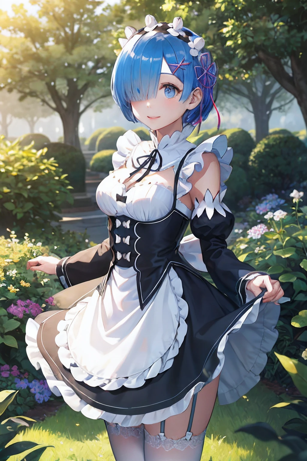 masterpiece, best quality, ultra-detailed, illustration, epic lighting, cinematic composition, colorful, sharp:1.3, 1girl, rem_\(re:zero\), medium breasts, blue hair, short hair, (hair over one eye:1.3), eyes_visible_through_hair, blue eyes, roswaal_mansion_maid_uniform, apron, white thighhighs, garter straps, standing, upper body, outdoors, mansion, summer, garden, flowers, trees, grass, bushes, sunlight, (extremely detailed CG:1.2), (8k:1.1),