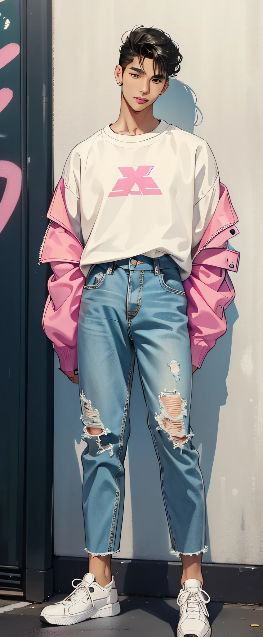 Asian male model in a cute pink outfit, embodying the essence of 90s fashion with a touch of femininity, his slender figure adorned in a pastel pink oversized sweater, its soft fabric draping gently over his frame, paired with high-waisted light-washed jeans that accentuate his slim waist and elongate his legs, white sneakers adding a casual and playful element to the ensemble, his hair styled in a slightly tousled manner with a hint of volume, framing his youthful face, smooth and clear complexion radiating a natural glow, his almond-shaped eyes sparkling with warmth and friendliness, standing against a backdrop of colorful graffiti, a vibrant expression of artistic freedom, the atmosphere filled with a sense of joy and individuality, capturing the essence of 90s fashion