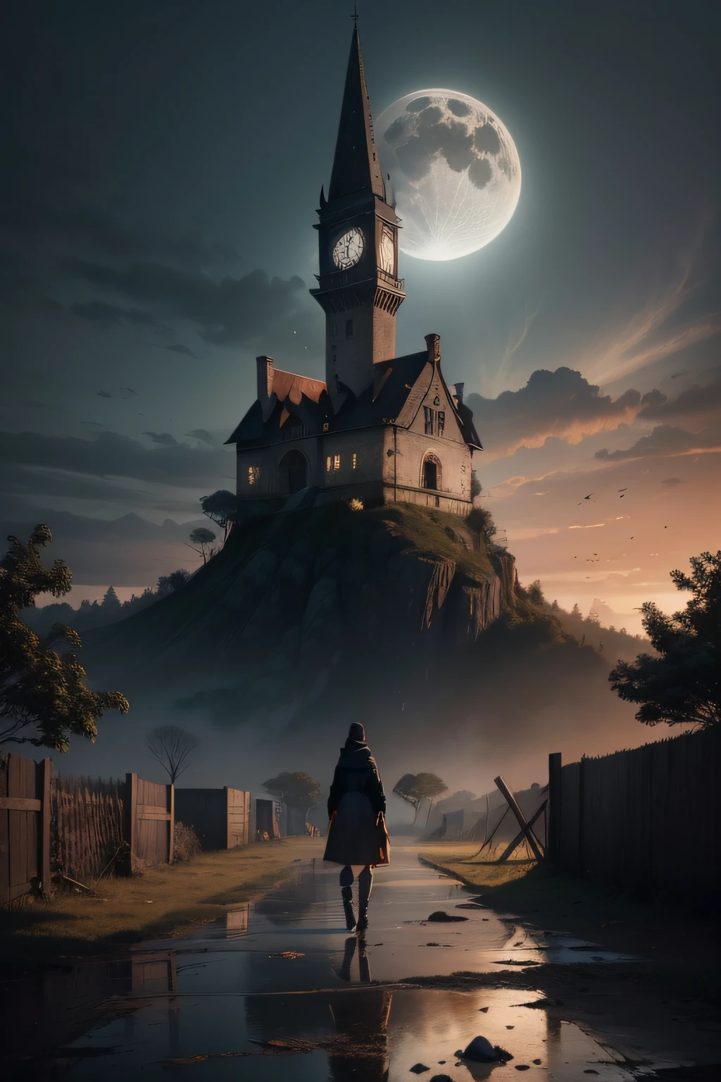 When you're talking about God's wrath, you can show a picture of God looking at the tower angrily.
((obra-prima: 1.2, melhor qualidade)), filme, arte oficial, arte promocional, papel de parede do filme, fundo branco, corpo inteiro, arte conceitual, reviravolta, refer ence sheet, Production art, plano de fundo, ao ar livre, original, foto crua, alta resolução, (realista, fotorrealista: 1.2), ultradetalhado, Physically-based rendering,1boy,maquinaria, puddle, ref foto realista de uma casa velha e abandonada, Crie uma noite fria e escura, estrada de pedra quebrada, cercas antigas, poor lighting, old trees with dry branches, Dried leaves on the ground, mistborn, nuvens pesadas, Small moon in the sky, lighting of old poles and a girl in a black dress and scarf watching