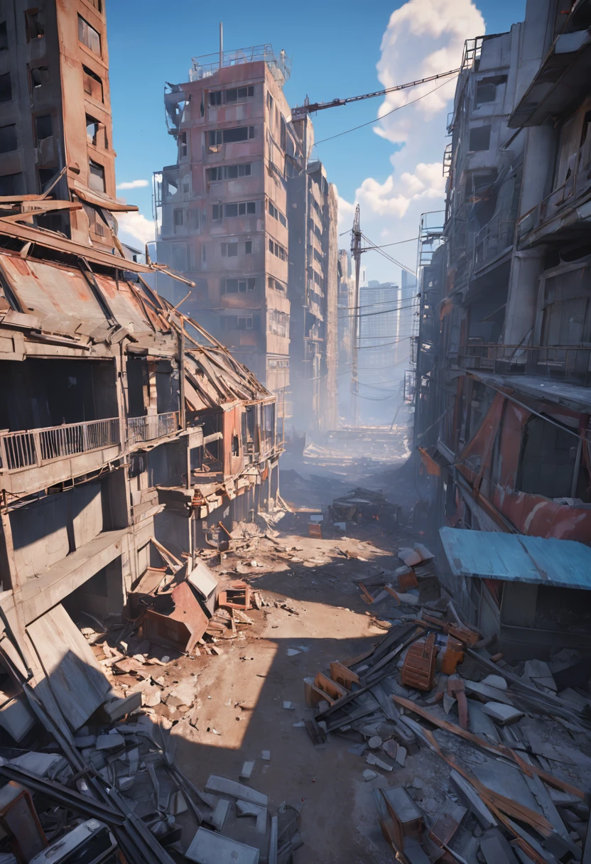 There are photos of construction sites,There are construction cranes, created in unreal engine 5, made in unreal engine 5, destroyed city in the background, Rendering in Unreal Engine 5, unreal engine 5 digital art, hyper-realistic environment, outdoors ruined cityscape, Unreal Engine 5 Renderer, Unreal Engine 5 Environment, dusty unreal engine, Destroy the cityscape