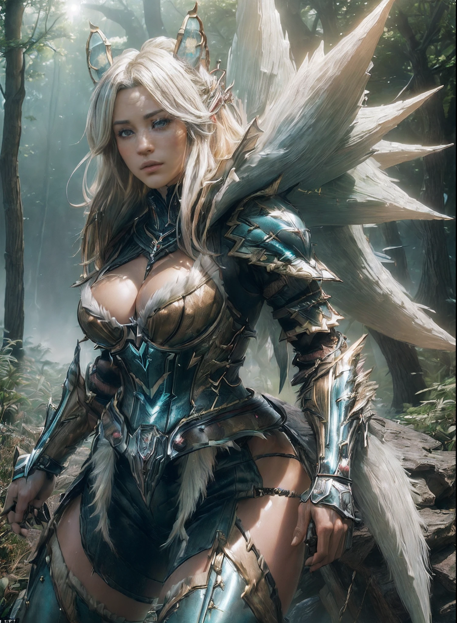 ((((of the highest quality:1.4))), (fine art:jean baptiste monge),(unparalleled masterpiece ever), (Ultra high definition), (Ultra-realistic 8K CG), Put your hands on your hips,Beautiful Female Ranger ,Seen from below,, stunningly beautiful face, (muscular body:1.2),Fantasy worldview,(Magical mystical background, Ethereal fog, Faint darkness), The tree々Sunlight in between adds depth to the image ,Highly detailed Nergigante Armor, 8 life-size,, Messy platinum hair:1.2, in woods, Wind-effect, Ultra realistic cover photo awesome full color, (Hyper Detail: 1.2), , Perfect Anatomy, Cinematic,,