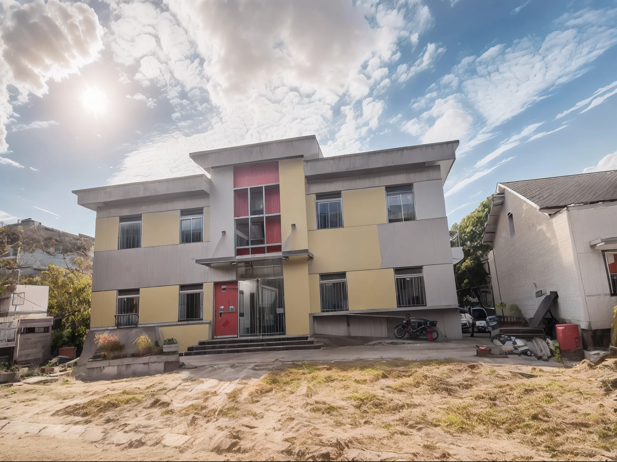 there is a yellow building with a red door and a red door, front view, front side view, building facing, front-view, frontview, front side, office building, medical research facility, viewed from the side, view from side, front top side view, view from ground level, picture taken from the ground, view from the side, outside view