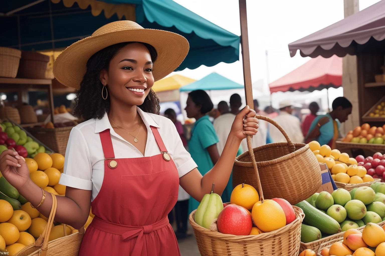 Year: 2021
Country: Saint Vincent and the Grenadines
Description: Amidst the vibrant stalls of a local farmers' market in Kingstown, a woman in her 30s browses through an array of exotic fruits and handcrafted goods. She wears a stylish wide-brimmed hat and holds a woven basket, her smile reflecting the warm camaraderie of the market