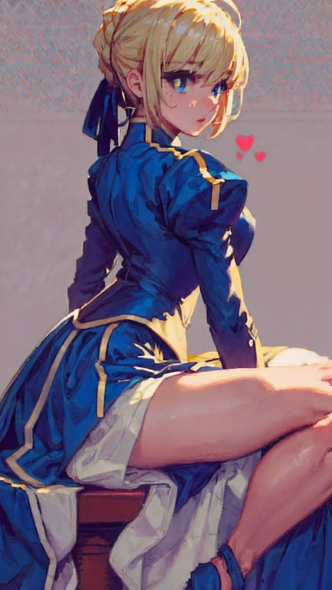 saber,Plain white background,Armor,long skirt,Sitting down,Back view,High detail,Moles under eyes, Heart-shaped pupils,Love pupils,Fleshy thighs,highly rendered,detailed face with
