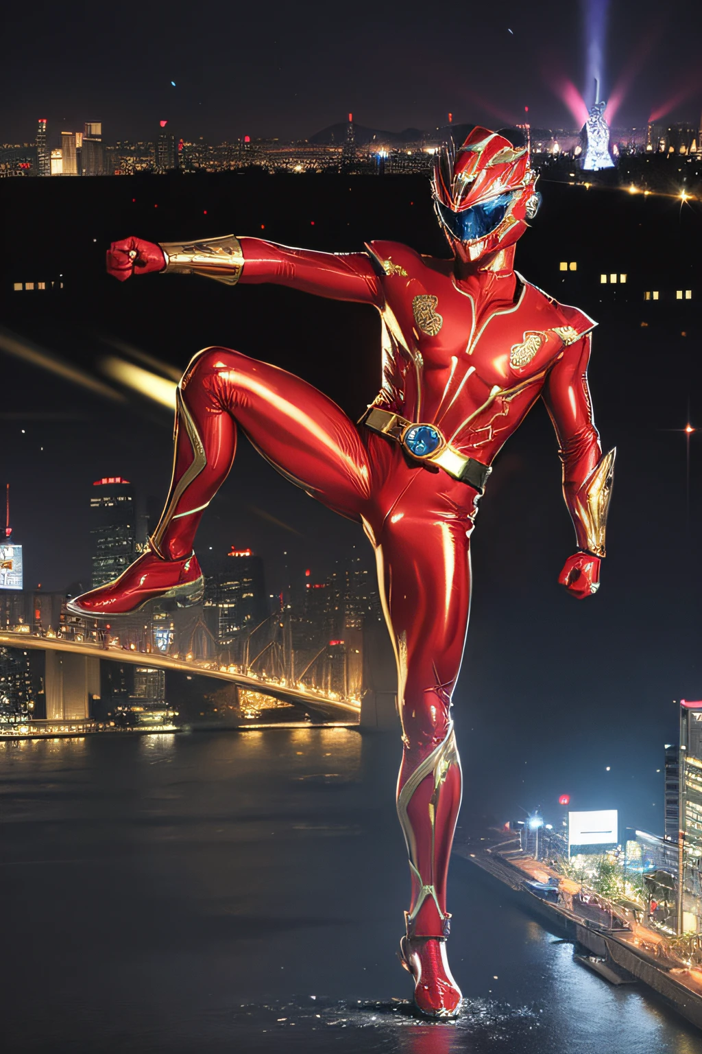 masutepiece, Super Detail, Best Quality, hight resolution, reflective light, ((Anatomically correct)), power ranger, One guy, (Very shiny helmet and suit), The visor of the helmet glows, fighting poses, Highkick, Spinning kick, ((Big city at night on wet background))