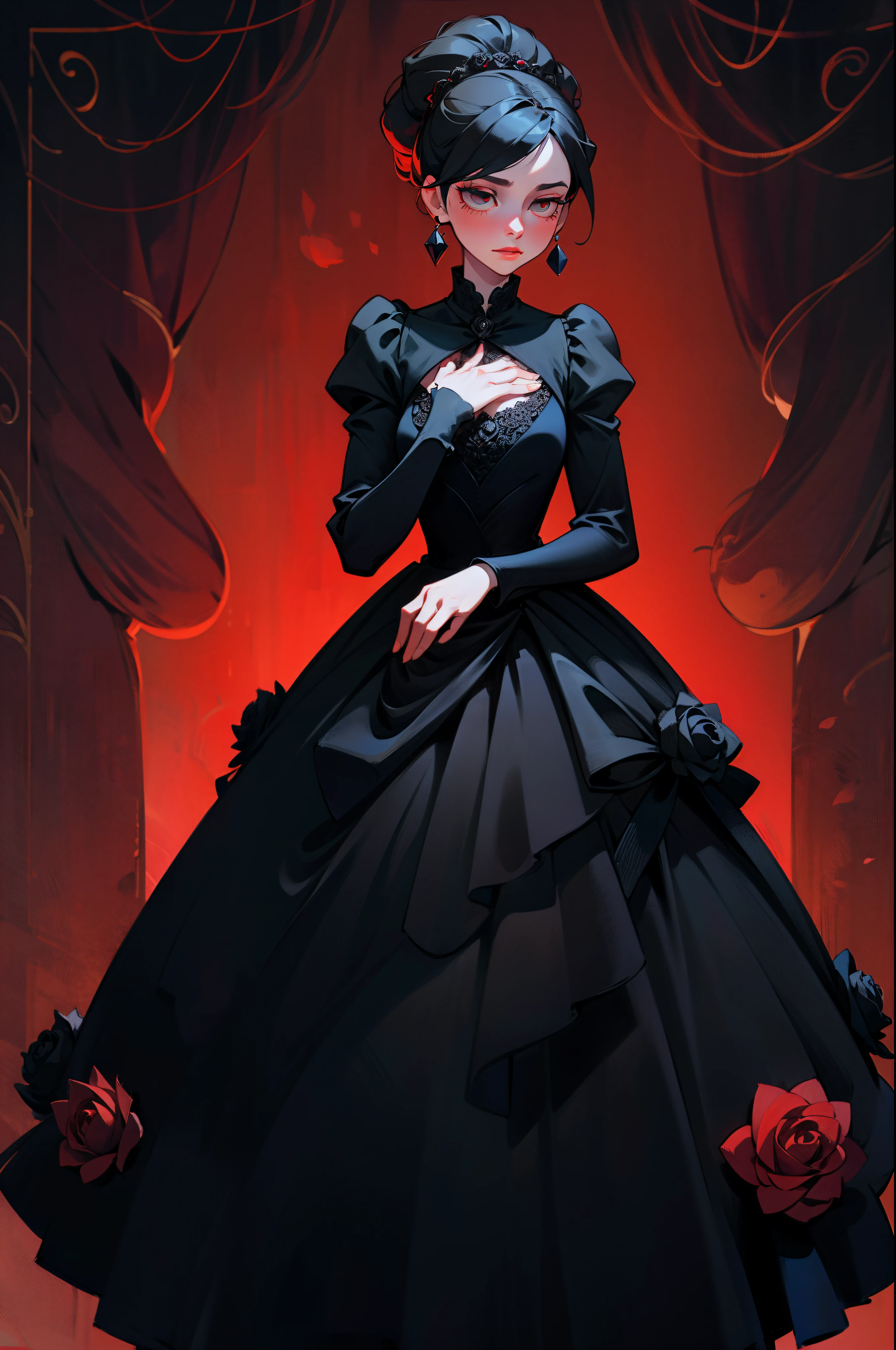 A woman in a black touch-chest dress，The fabric is black velvet，At the chest and at the end of the skirt are black blooming red roses，artistic conception，best qualtiy，fanciful，