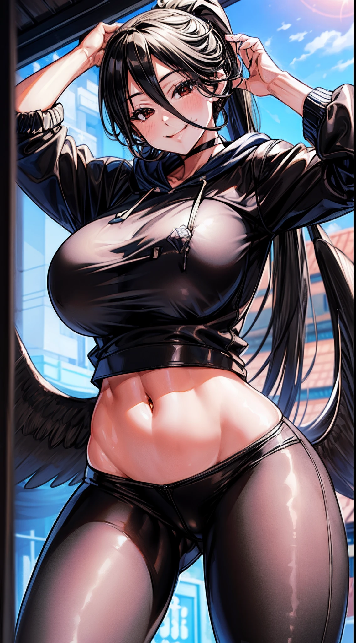 (Hasumi from Blue Archive:1.4), 8k, highres, ultra detailed, (masterpiece:1.4), best quality, symmetrical body, (Black cropped cotton hoodie:1.4), (black leather leggins:1.4), cute, solo, long hair, black hair, red eyes, black wings, glow effect, finely eye, wide smile, detailed face, looking at viewer, smilling at viewer, park, angled view, huge breasts