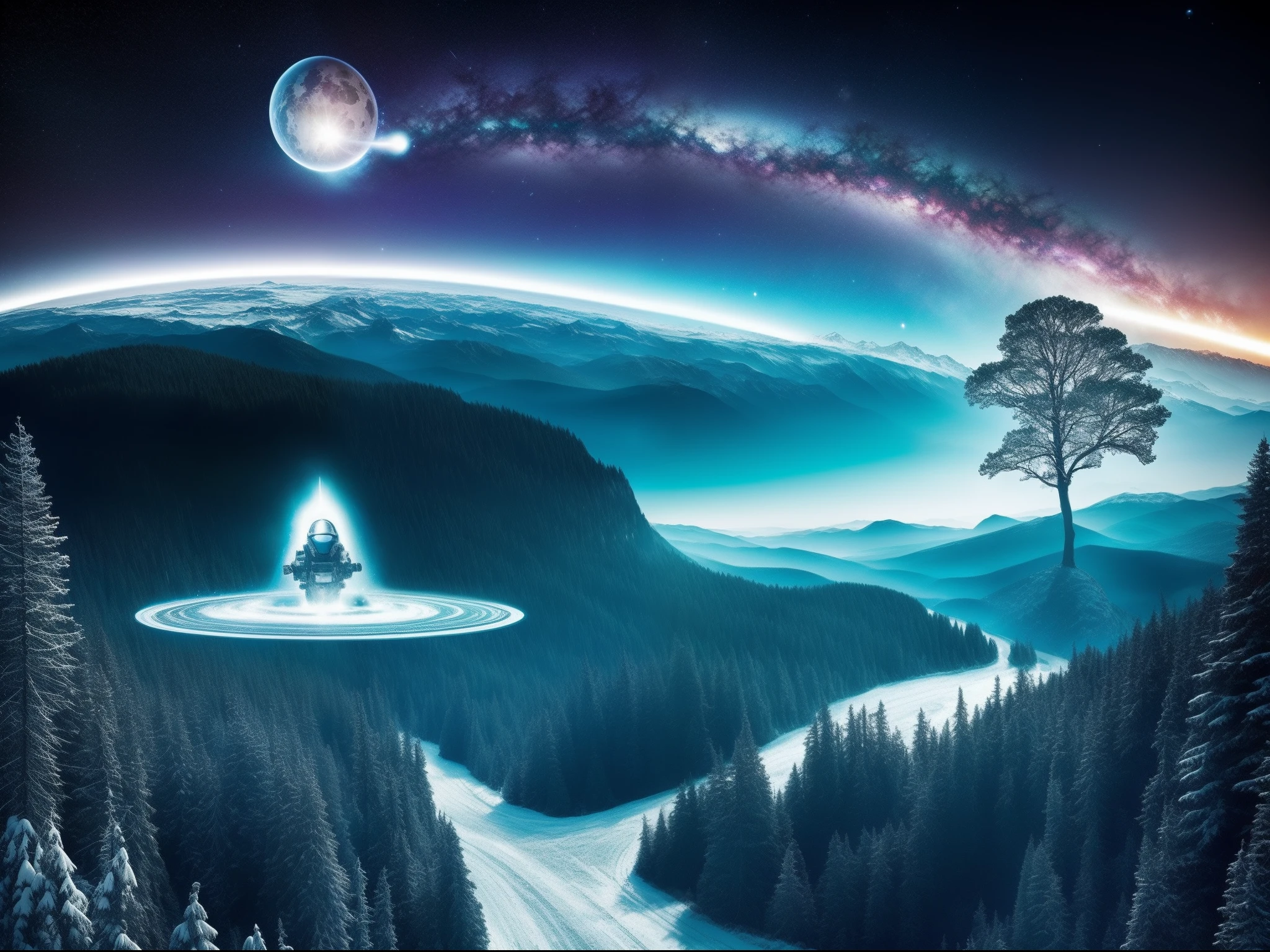 A large black tabby cat from the Norwegian forests, avec des oreilles de lynx, green-eyed in spacesuit with space helmet walking on a snow planet. Planetary floating in the sky, The garden of my stars, An extremely delicate and beautiful creation, espace interstellaire, distorsion temporelle, nebula, glinting stars, horizon sans fin, voyage intergalactique captivant. Captured in the style of photography by Thomas Barbèy, panorama