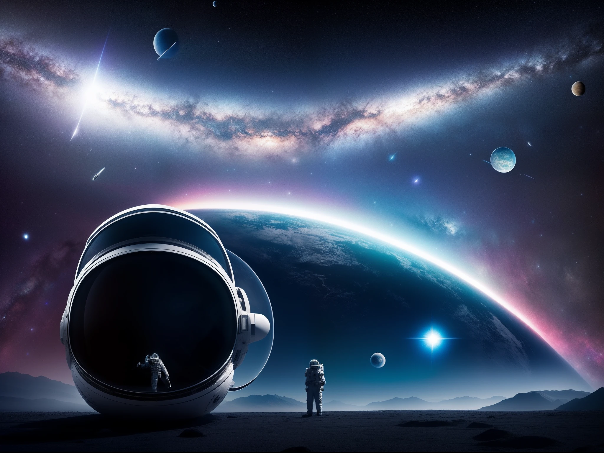 A large tabby cat in a spacesuit with a space helmet walking on a snow planet. Planetary floating in the sky, The garden of my stars, An extremely delicate and beautiful creation, espace interstellaire, distorsion temporelle, nebula, glinting stars, horizon sans fin, voyage intergalactique captivant. Captured in the style of photography by Thomas Barbèy, panorama