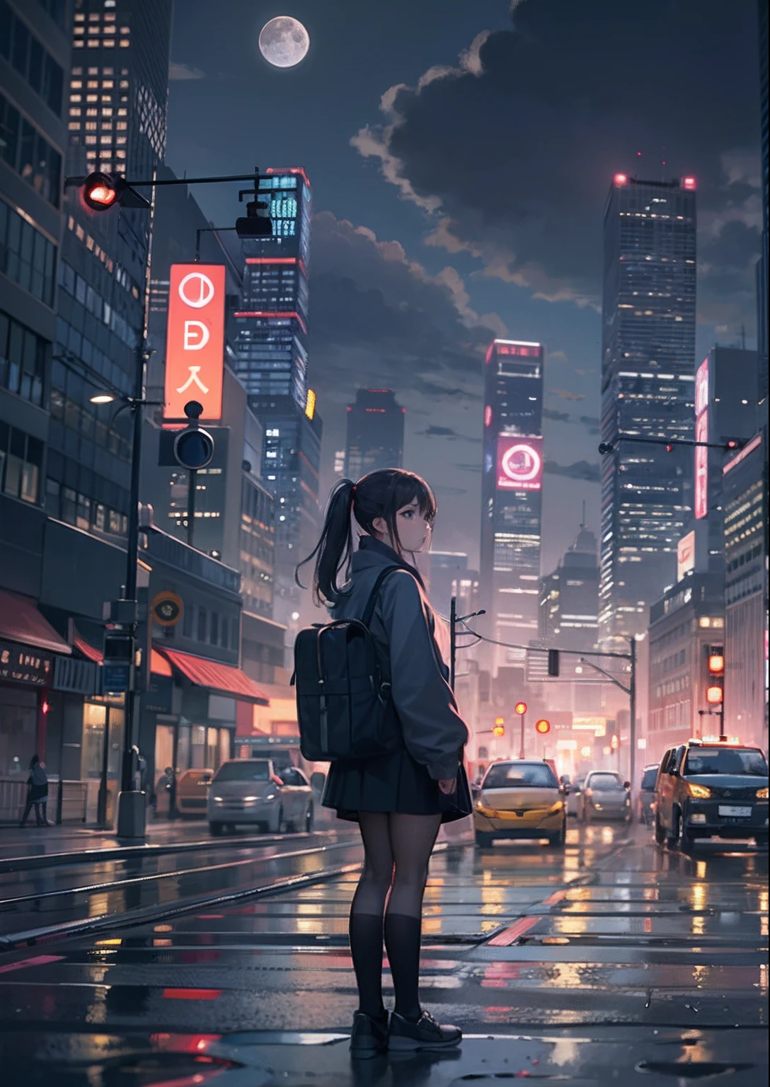 1girl, arms folded、vests、full body shot of、The beginning of the adventure、Very dark sky、Lots of clouds,dense fog、large moon,future、dystopian、A group of very tall skyscrapers stands in the center、High brightness radio tower、Crowded skyscrapers、Signs、the street lights、taxis、the bus、Train、Fairly dim lighting、The Dark Road、Puddles、high high quality、masutepiece,8K,