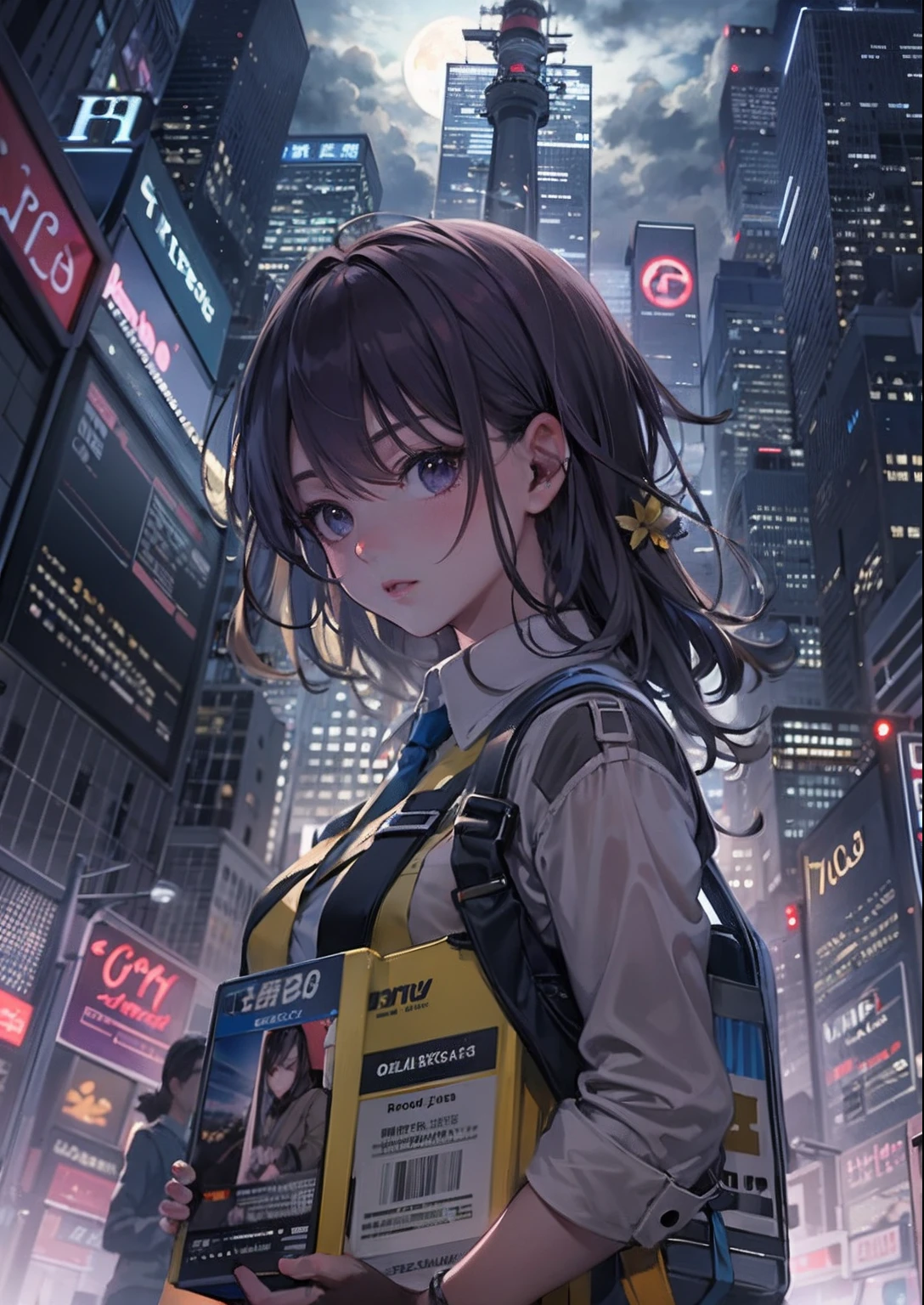 1girl, arms folded、vests、full body shot of、The beginning of the adventure、Very dark sky、Lots of clouds,dense fog、large moon,future、dystopian、A group of very tall skyscrapers stands in the center、High brightness radio tower、Crowded skyscrapers、Signs、the street lights、taxis、the bus、Train、Fairly dim lighting、The Dark Road、Puddles、high high quality、masutepiece,8K,