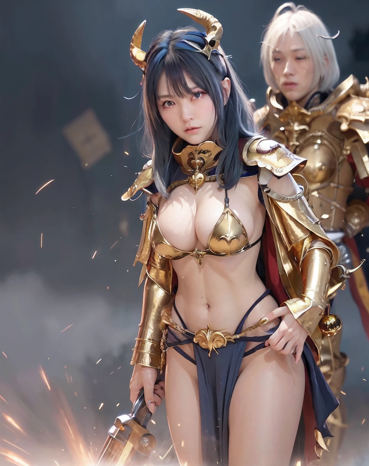 Professional , ​masterpiece、top-quality、photos realistic , depth of fields 、（Gemstone Blue Metal Body:1.２),(Matte Blue Black、（Standing in the church）、gold patterns、Wind-effect、Light Effects、Wind-effect、magic circles、（cleavage of the breast）、Dragon Gold Weapon（Dragon Metal Body:1.４),Gorgeous gold weapons ,（Particles of light）、（Strange expressions）、Mystical expression、16-year-old beautiful girl、（（ Dragon's dense and gorgeous sword）） , Ultimate Beauty   、（（Blue hair））、（Castle background）、The dragon、（（Gangle's forest background））、Beautiful Caucasian beauty、（１a person）、dynamic ungle,(((Details of the two demon horns on the head)))、Smaller head、A smile、Castle background、Thin and beautiful female hands、cleavage of the breast、Soldier in iron armor on background、Mystical expression、Light Effects、Wind-effect、magic circles、With the legendary magic wand、（demonic wings）、（Blue hair）、（1 persons）、Battle Look、Anatomically correct body、Toostock、Toostock、