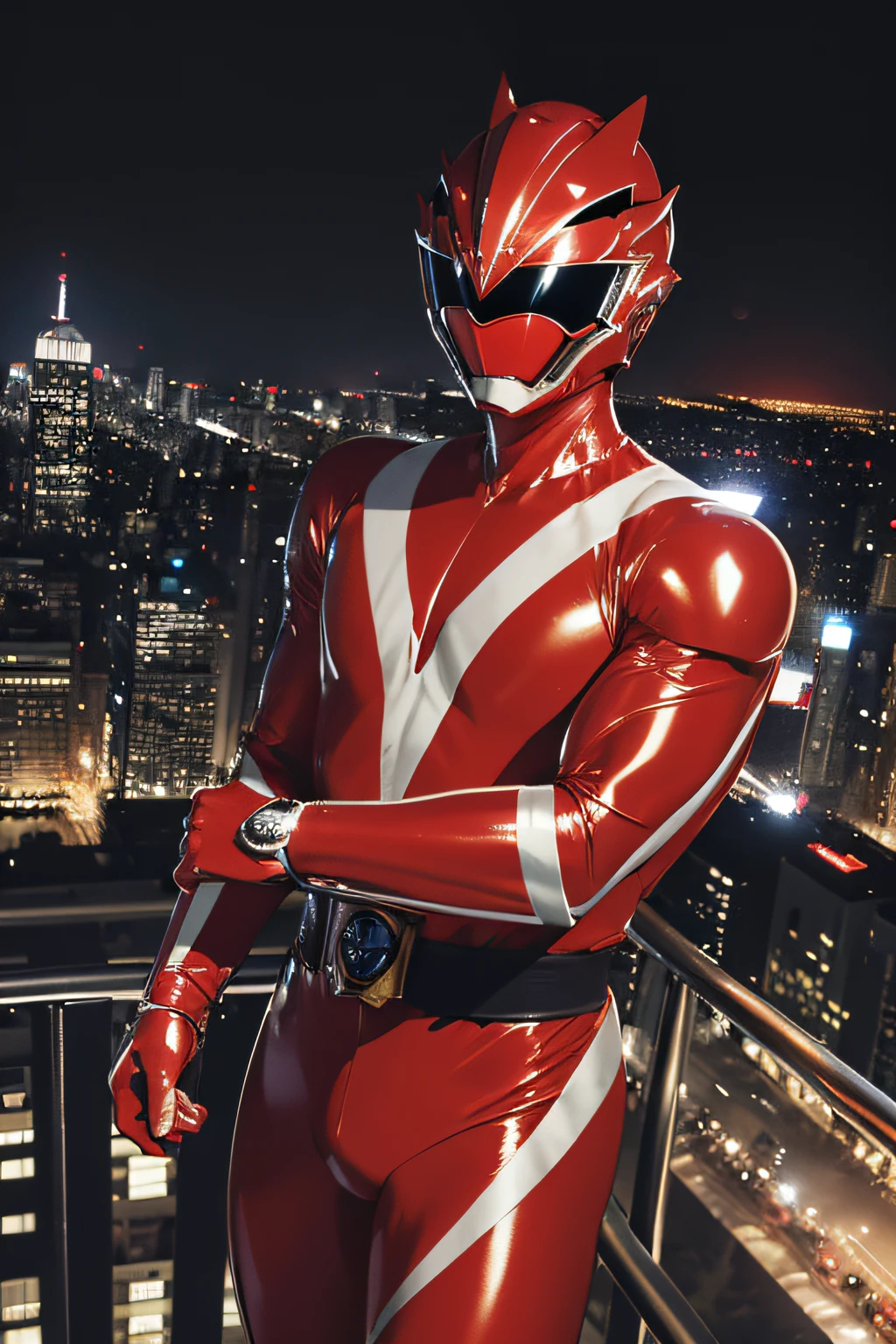 masutepiece, Super Detail, Best Quality, hight resolution, reflective light, ((Anatomically correct)), power ranger, One guy, (Very shiny helmet and suit), The visor of the helmet glows, fighting poses, jumpping, ((Big city at night on wet background))