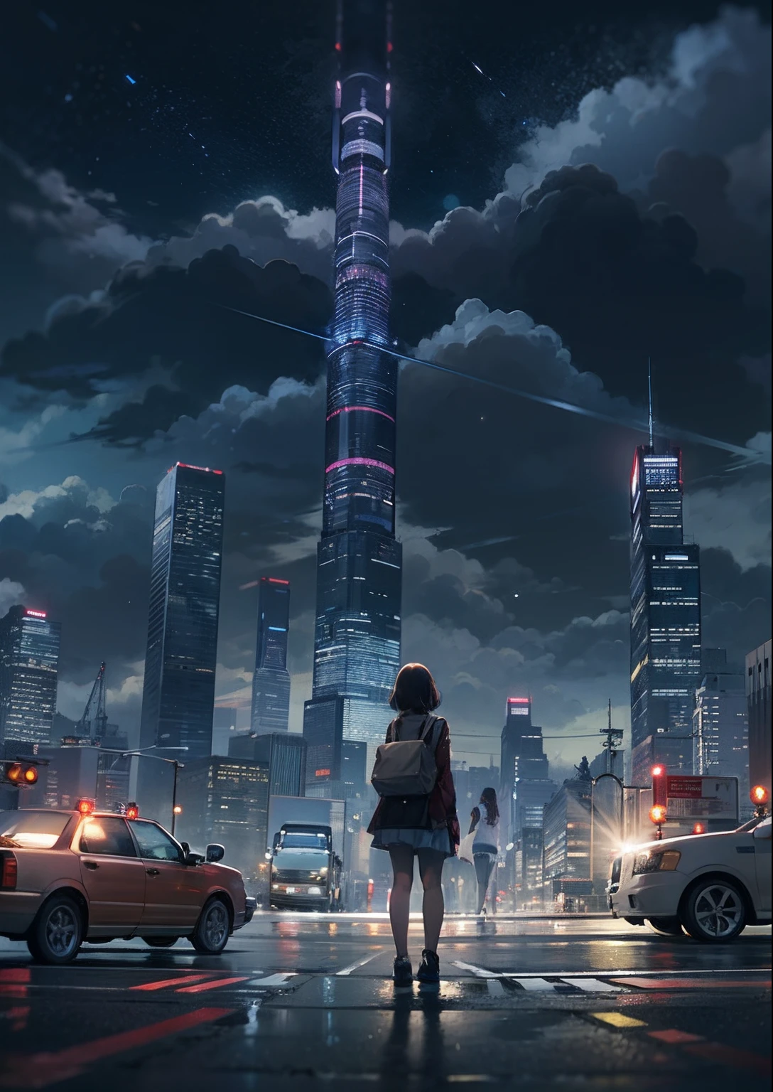 1girl, arms folded、vests、full body shot of、The beginning of the adventure、Very dark sky、Lots of clouds,dense fog、large moon,future、dystopian、A group of very tall skyscrapers stands in the center、High brightness radio tower、Crowded skyscrapers、Signs、the street lights、taxis、the bus、Train、Fairly dim lighting、The Dark Road、Puddles、high high quality、masutepiece,8K,