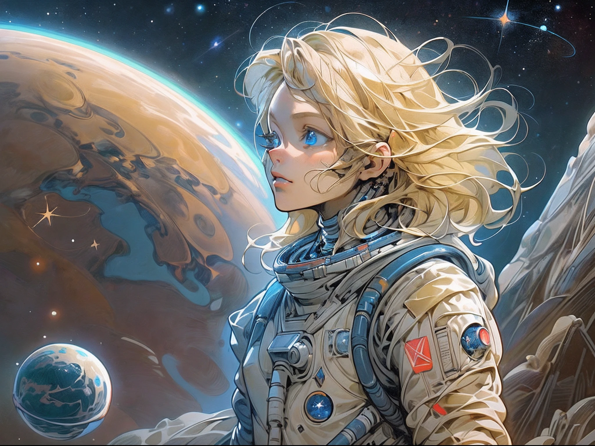 there is an illustration of a fairy astronaut standing on Mars looking into space seeing the vast of stars and space, blond hair, long hair, blue eyes, ultra detailed face, space and stars as background, sense of infinity,