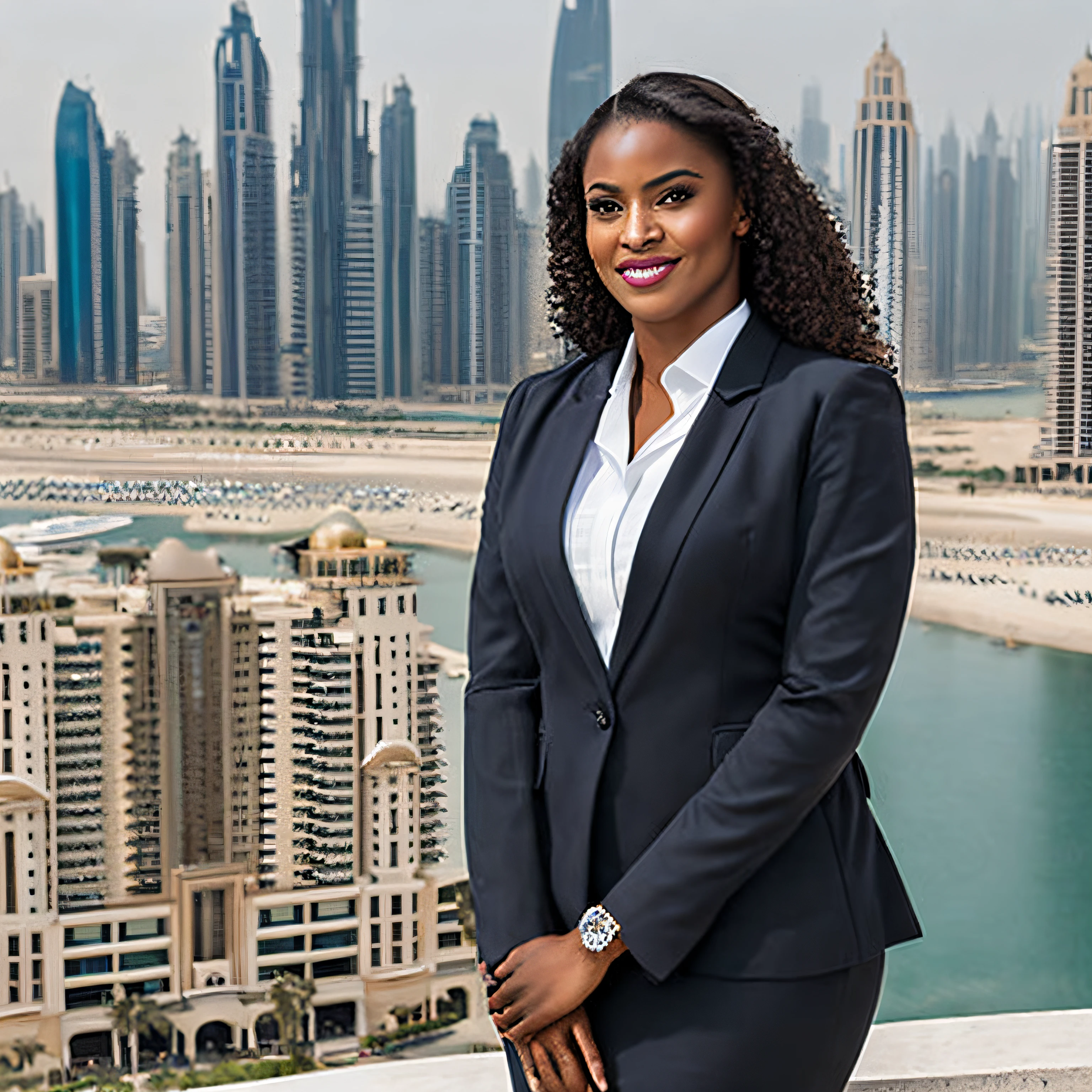 a young beautiful light skinned african businesswoman, wearing suit, dubai in the background,
