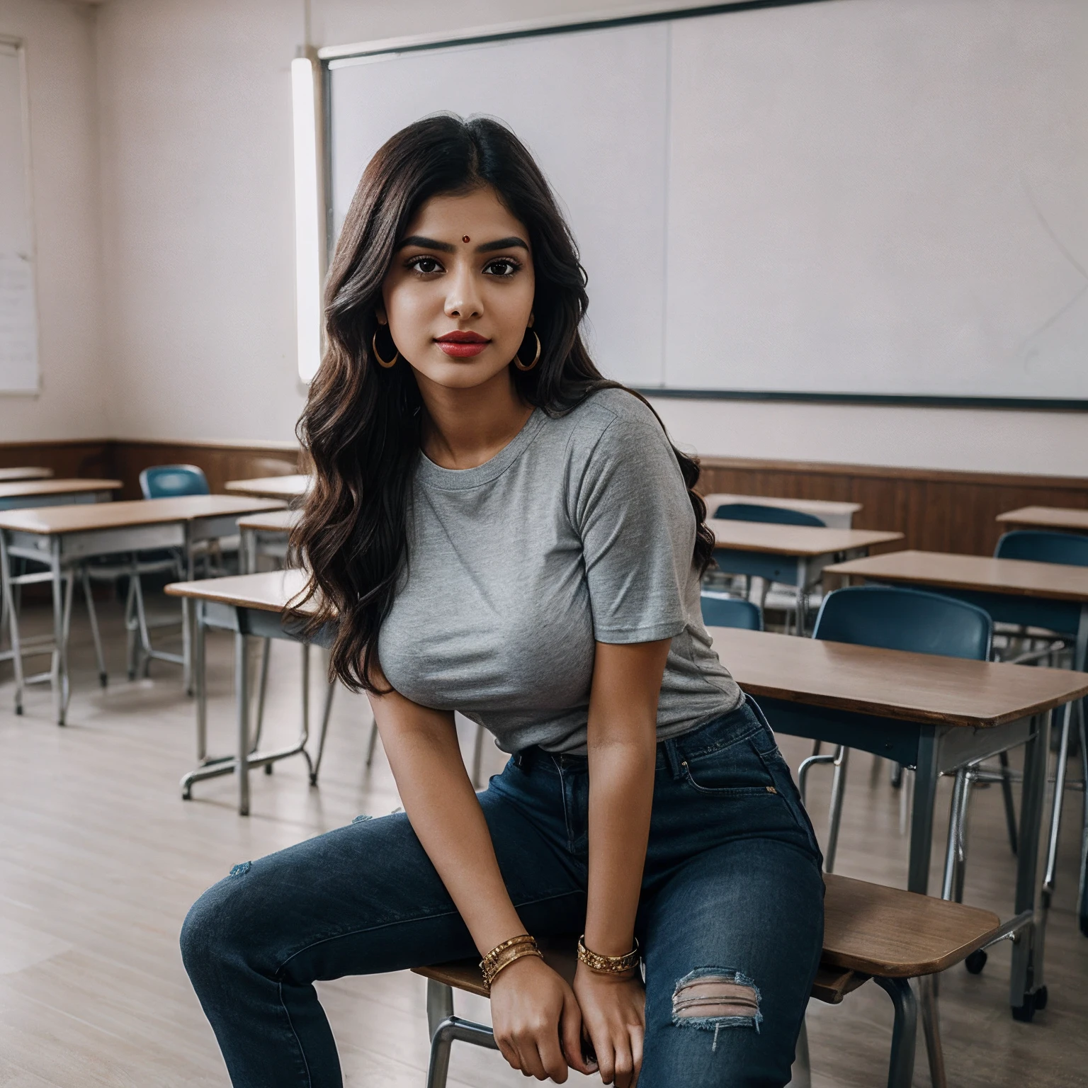 Top Quality, Photorealistic, 8K, High Definition, 1 indian Girl, 23 year old Woman, long black straighy hairstyle, wearing black round neck baggy Tee-shirt, regular fit, regular length, no printing on Teeshirt, skinny damage ankle fit black jeans, heels, (Skindentation), (Big Breasts, bouncy breasts), (Professional Lighting, Bokeh), (classroom), (People, Crowd: 0.6), university, (day: 1.2), (Gray: 2.0), (Blouse: 1.5), (Portate: 0.6), Gorgeous, Bloom, (Floating Hair), (Light particles, Lens Flare, Luminous Particles: 0.6), ( Dynamic Pose: 1.2), soft lighting, Sitting on the bench last row style, model posing, Indian beautiful girl, wearing golden watch, bracelet, small earrings, red lipstick